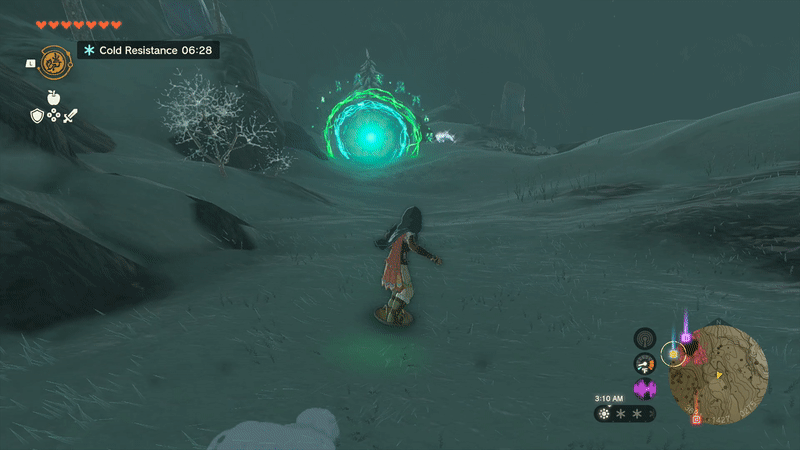 Link shield surfs down a snowy mountain at night in Zelda Tears of the Kingdom.