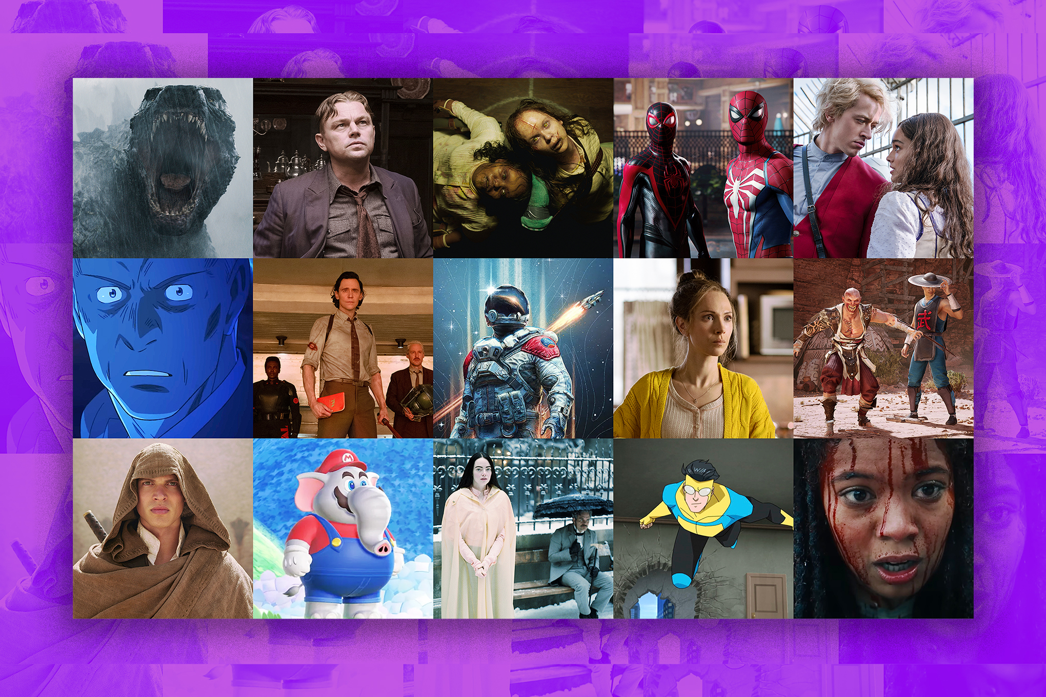 A grid of images set against a purple background featuring titles in this fall preview. Godzilla, Leonardo DiCaprio, the Spiders-man, Loki, Mario as an elephant, and Invincible are all featured.