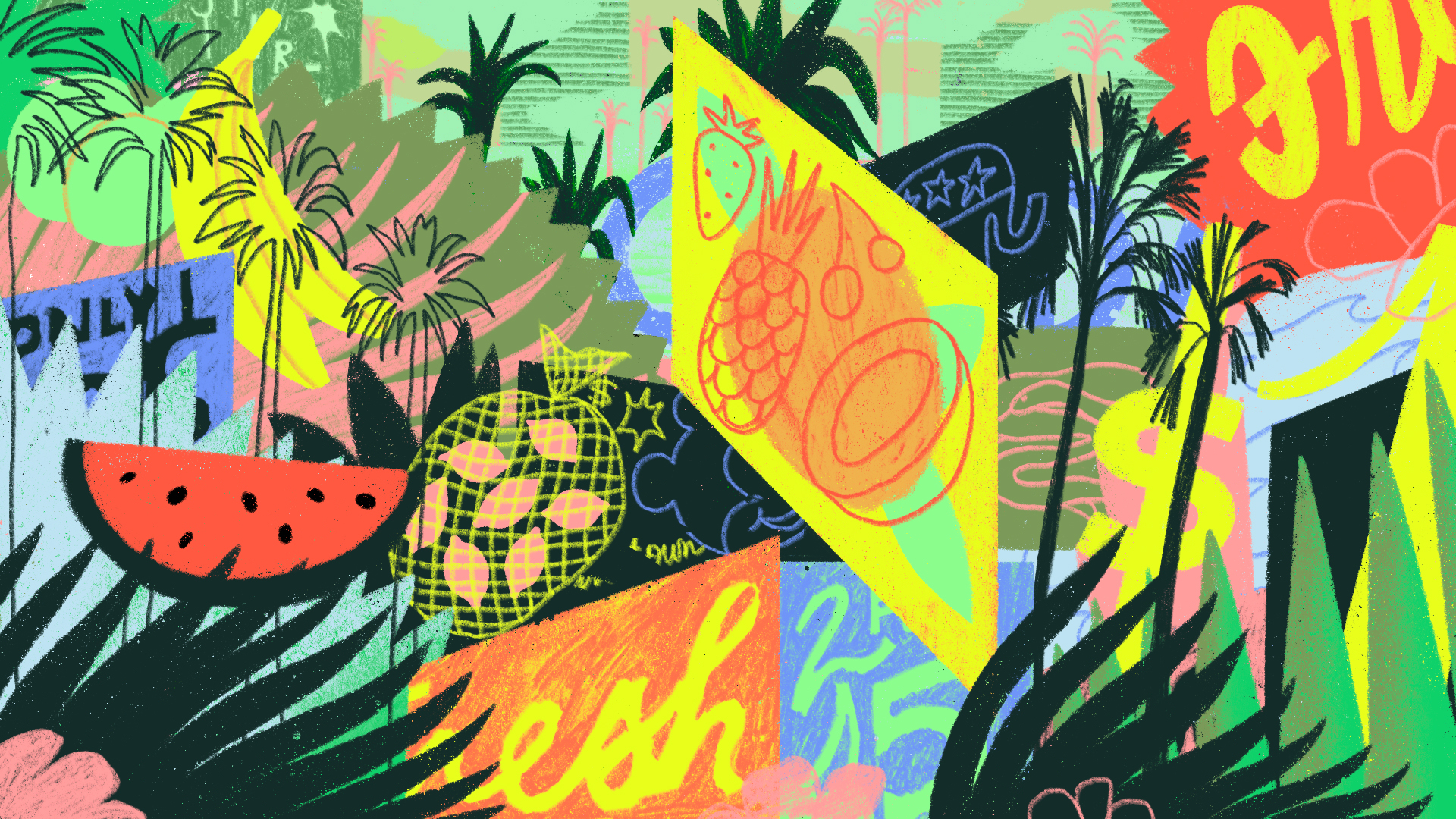 Colorful overlapping cartoon images of fruit and palm trees and dollar signs.