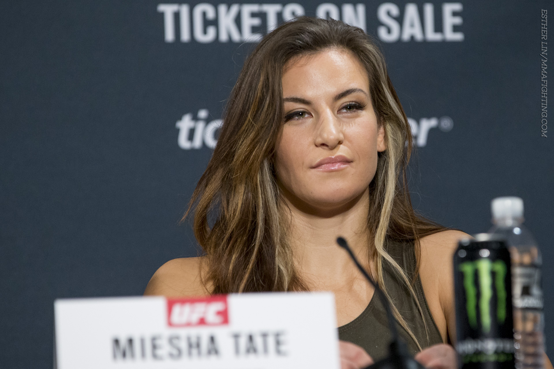 Miesha Tate listens to a question during the UFC 197 press conference in La...