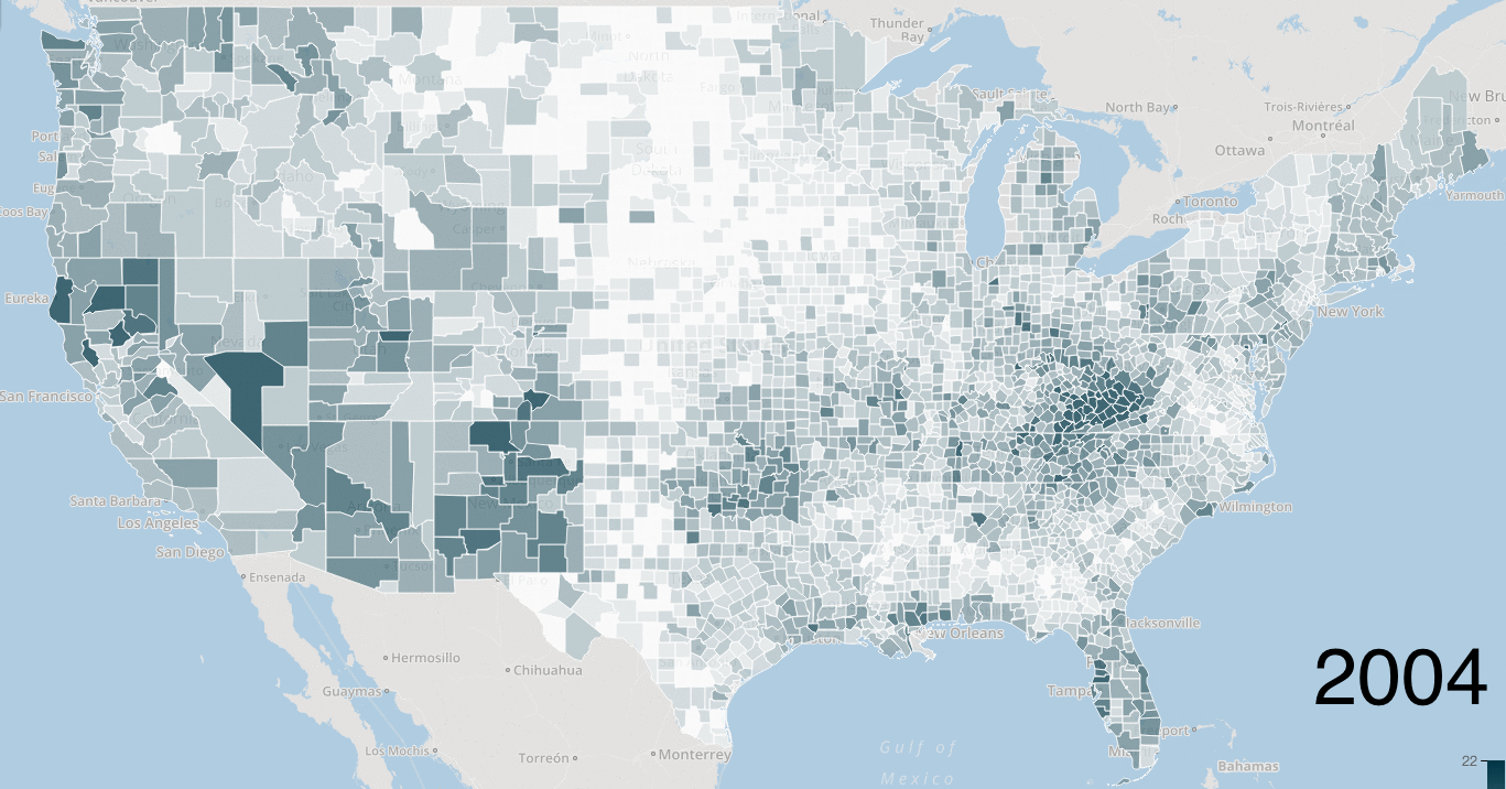 A map of drug deaths in 2004 and 2014.