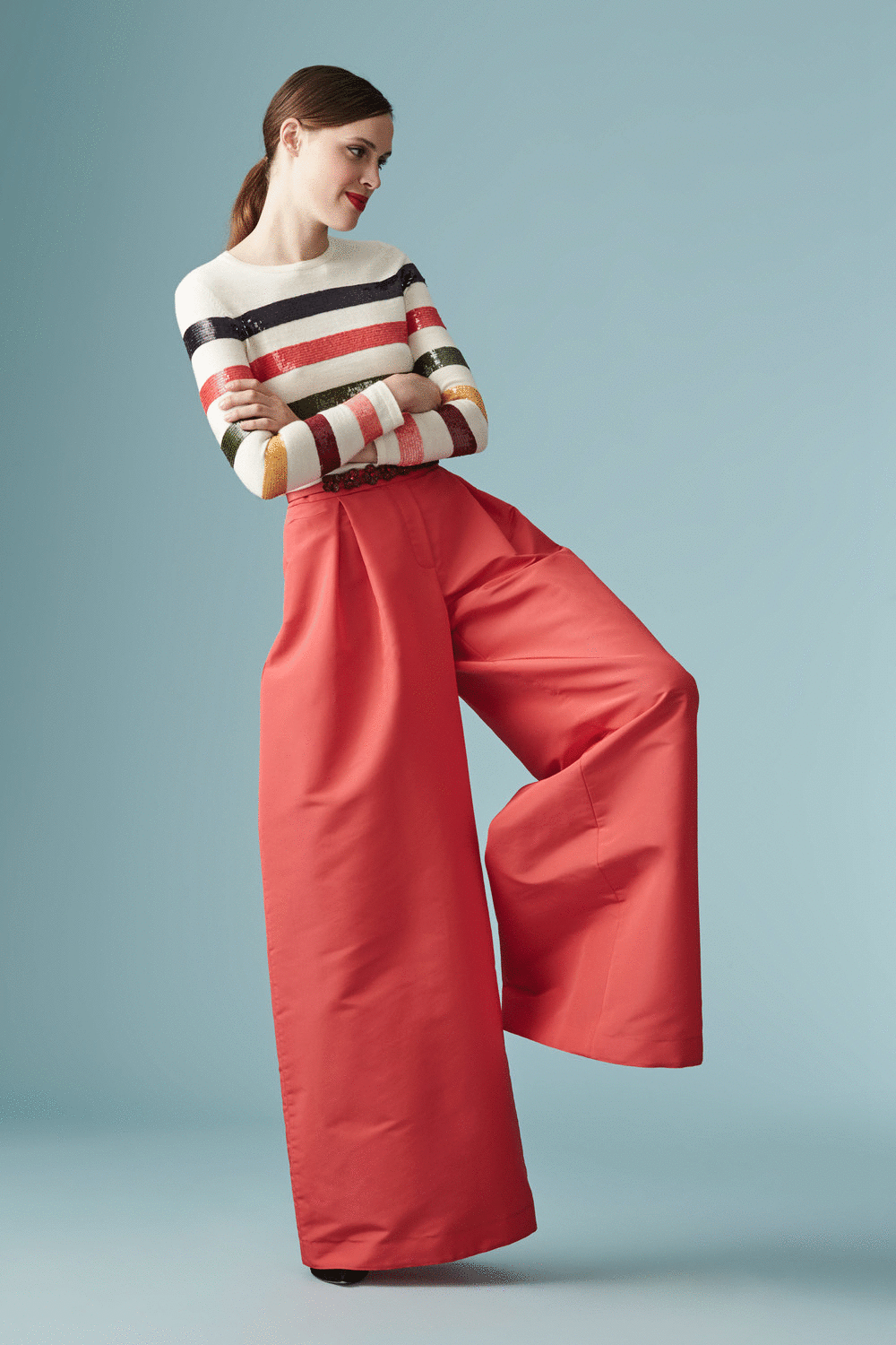 Massive pants in shades of bright red, blush pink, khaki, and navy.