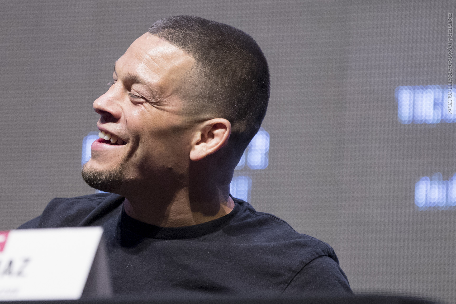 Nate Diaz laughs during the UFC 202 press conference on Thursday afternoon ...