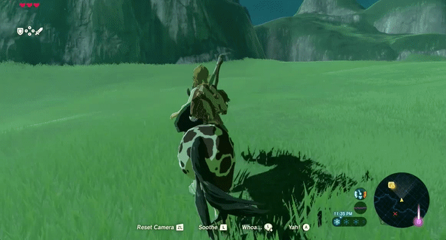 Link is on a horse that is trotting sideways.