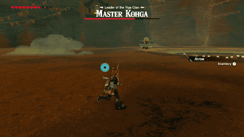 Link strafes around the battlefield with Master Kohga, who summons a large metal ball that falls back onto him