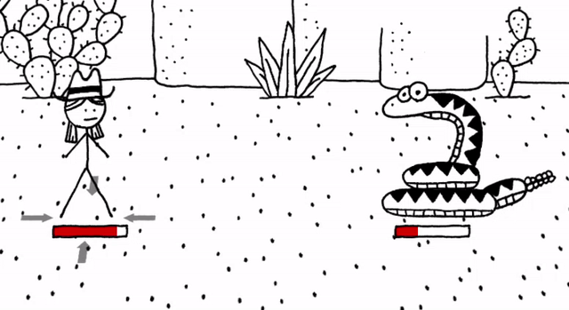 This gif from West of Loathing shows a character on the left side of the screen applying bandages to themselves and healing 15 hit points. A snake on the right side of the screen then bounds forward and attacks, removing two hit points.