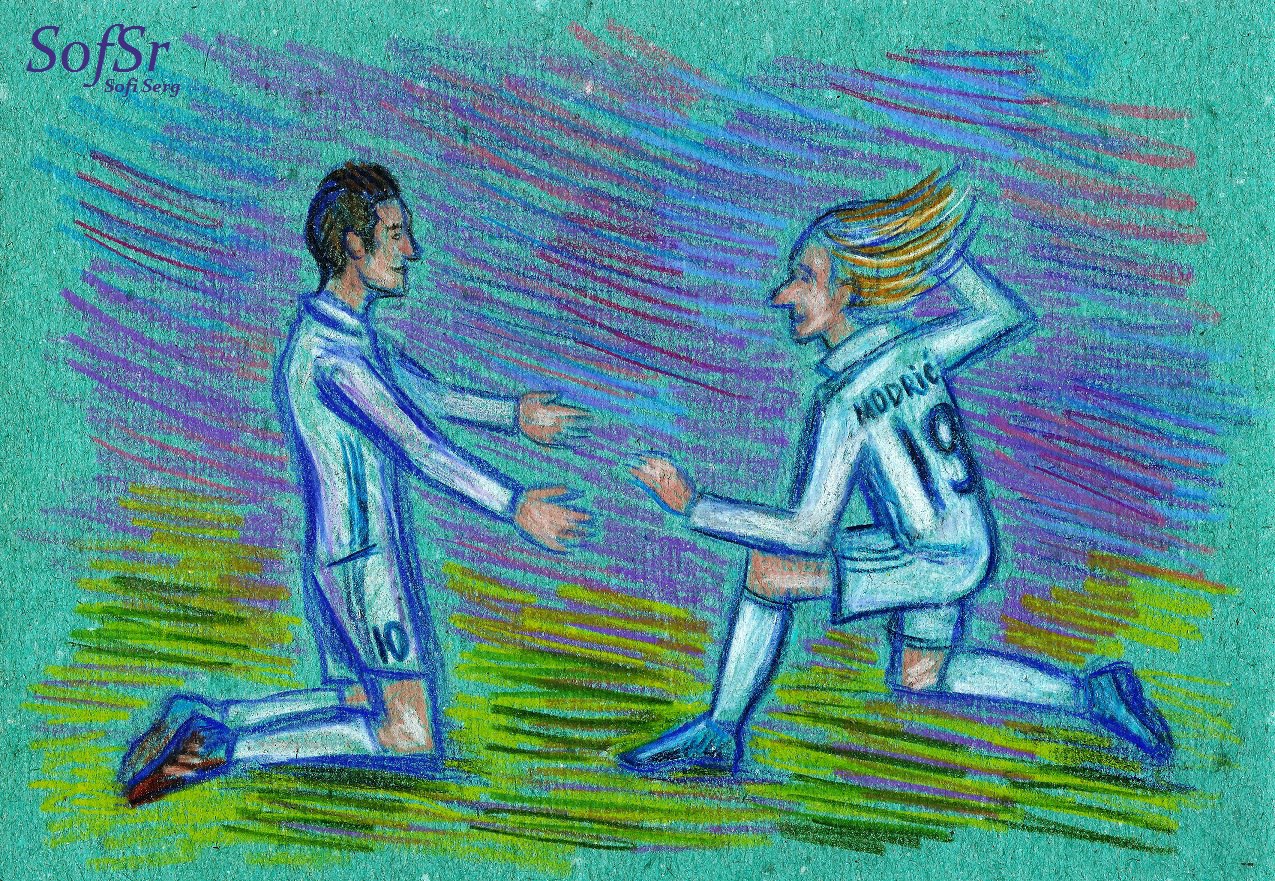James Rodriguez and Luka Modric during the match against Sevilla (04.01.17). Drawing by Sofi Serg.