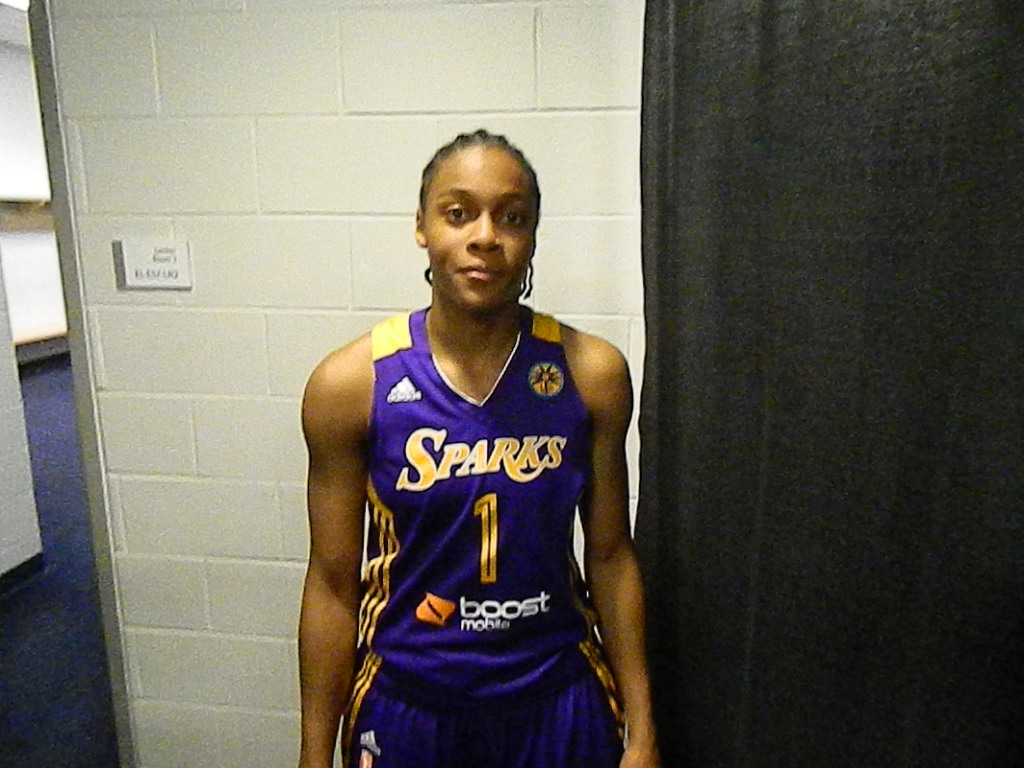 Los Angeles Sparks rookie A'dia Mathies at the Prudential Center for a game against the New York Liberty.