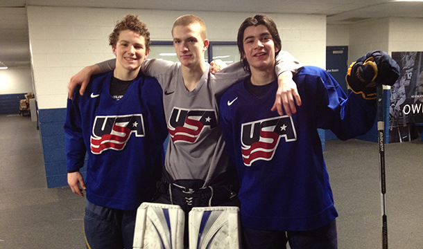 Opilka (center) poses with U.S. U-17 teammates Matthew Tkachuk (left) & fellow UW recruit Luke Kunin (right)