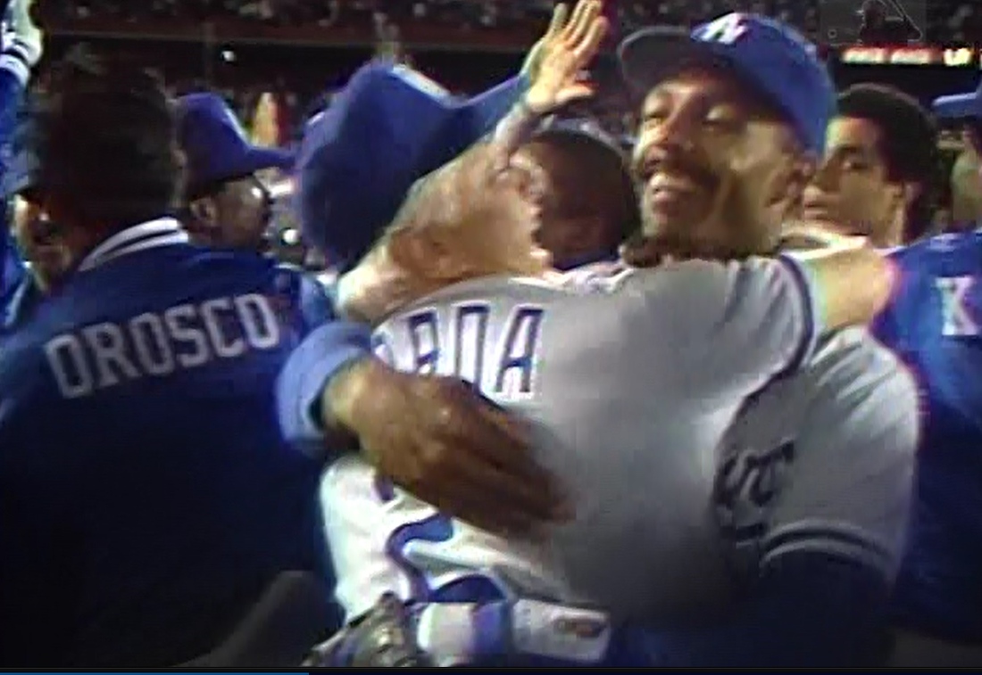 Tommy Lasorda and John Shelby celebrate the Dodgers' seventh NL West division title