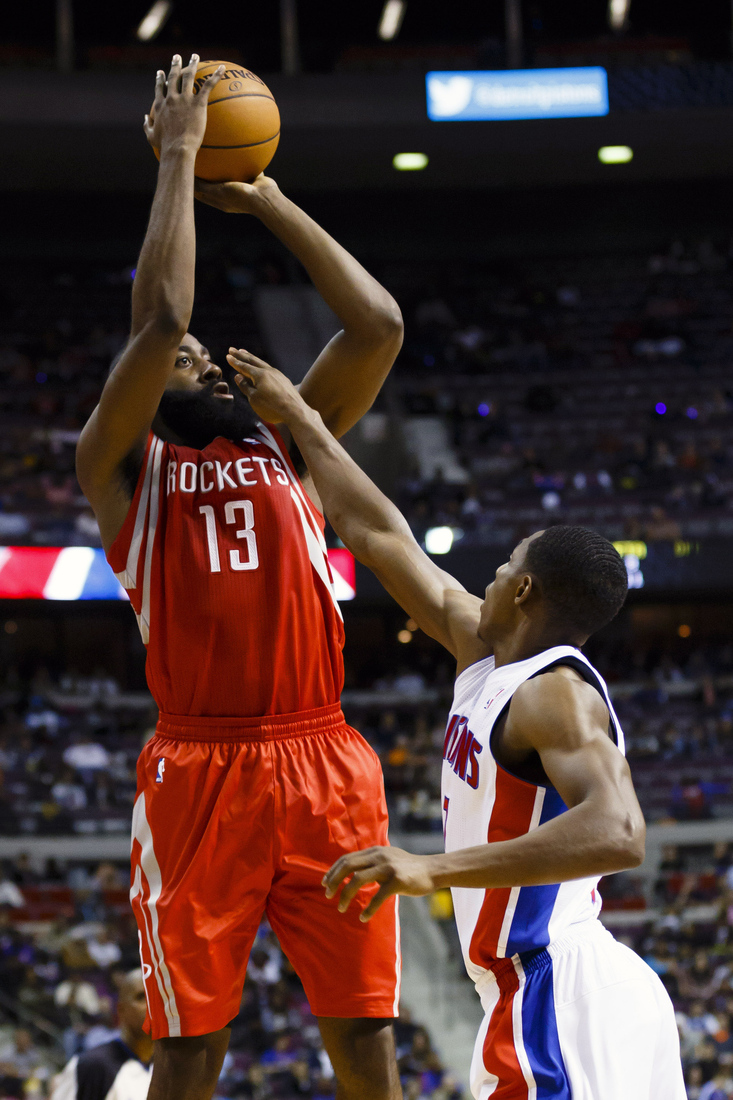 October 31, 2012; Auburn Hills, MI, USA; Houston Rockets guard James Harden (13) shoots the ball over Detroit Pistons point guard Brandon Knight (7) in the second quarter at The Palace. 