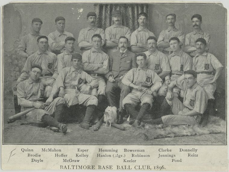 1896 Baltimore Orioles, with John McGraw (second to left) and Arlie Pond (far right) in the front row.