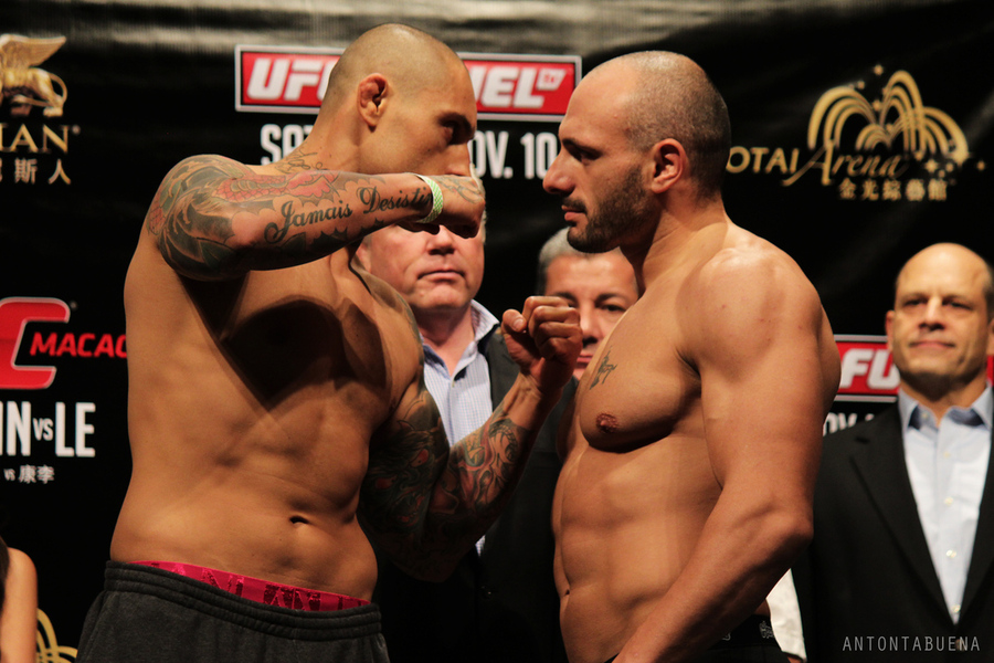 Thiago Silva and Stanislav Nedkov face off at the UFC Macao weigh-ins