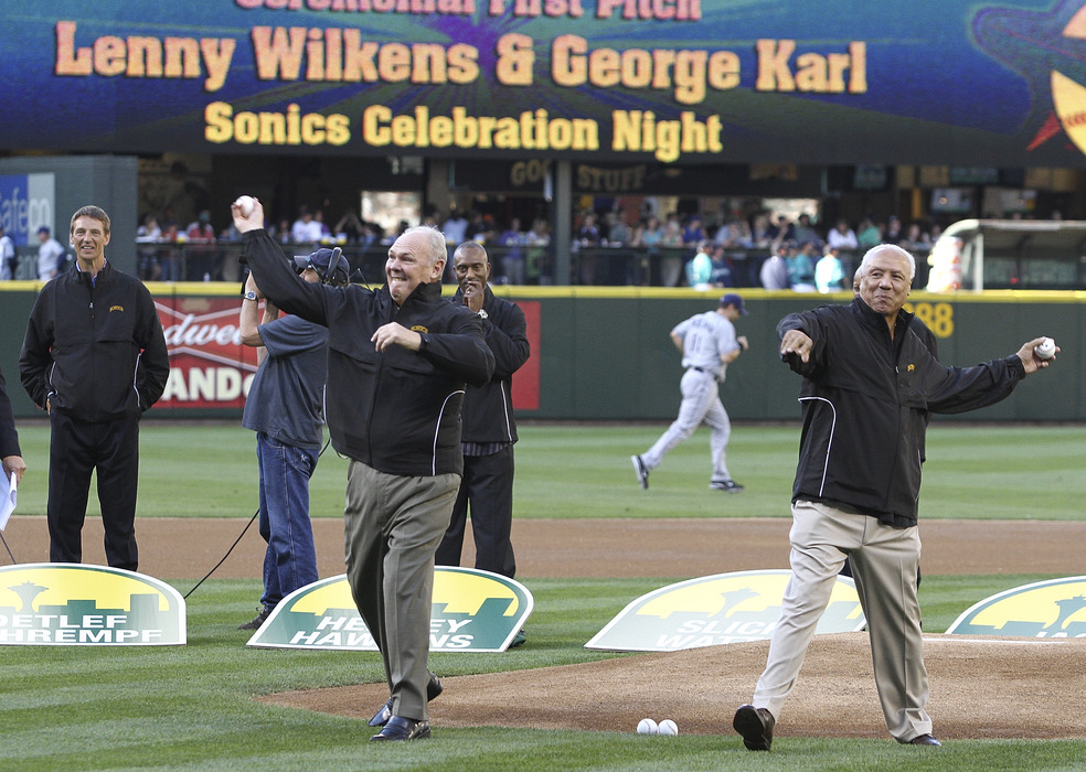 Lenny Wilkens throws out the first pitch at Sonics Celebration Night, hosted by the Mariners, July 29, 2011