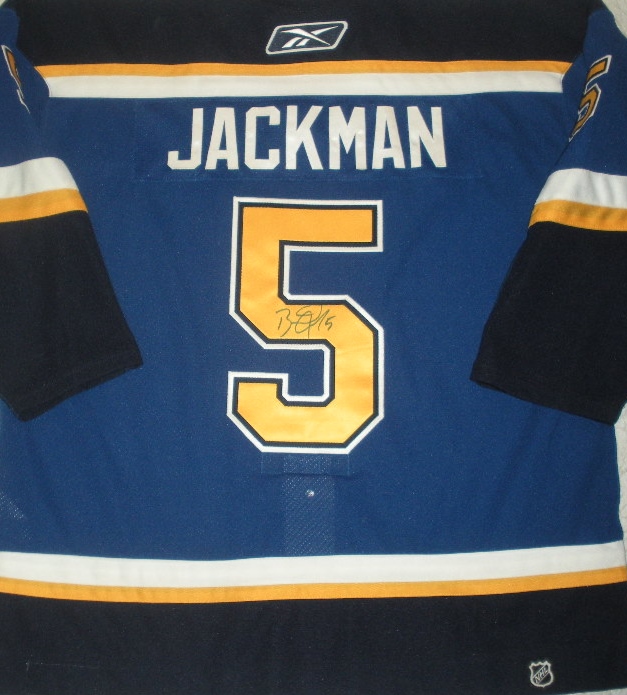In honor of Barret Jackman’s overtime goal in game two, here is a signed, game worn Blues jersey from Brett Hull jersey retirement night, December 2006