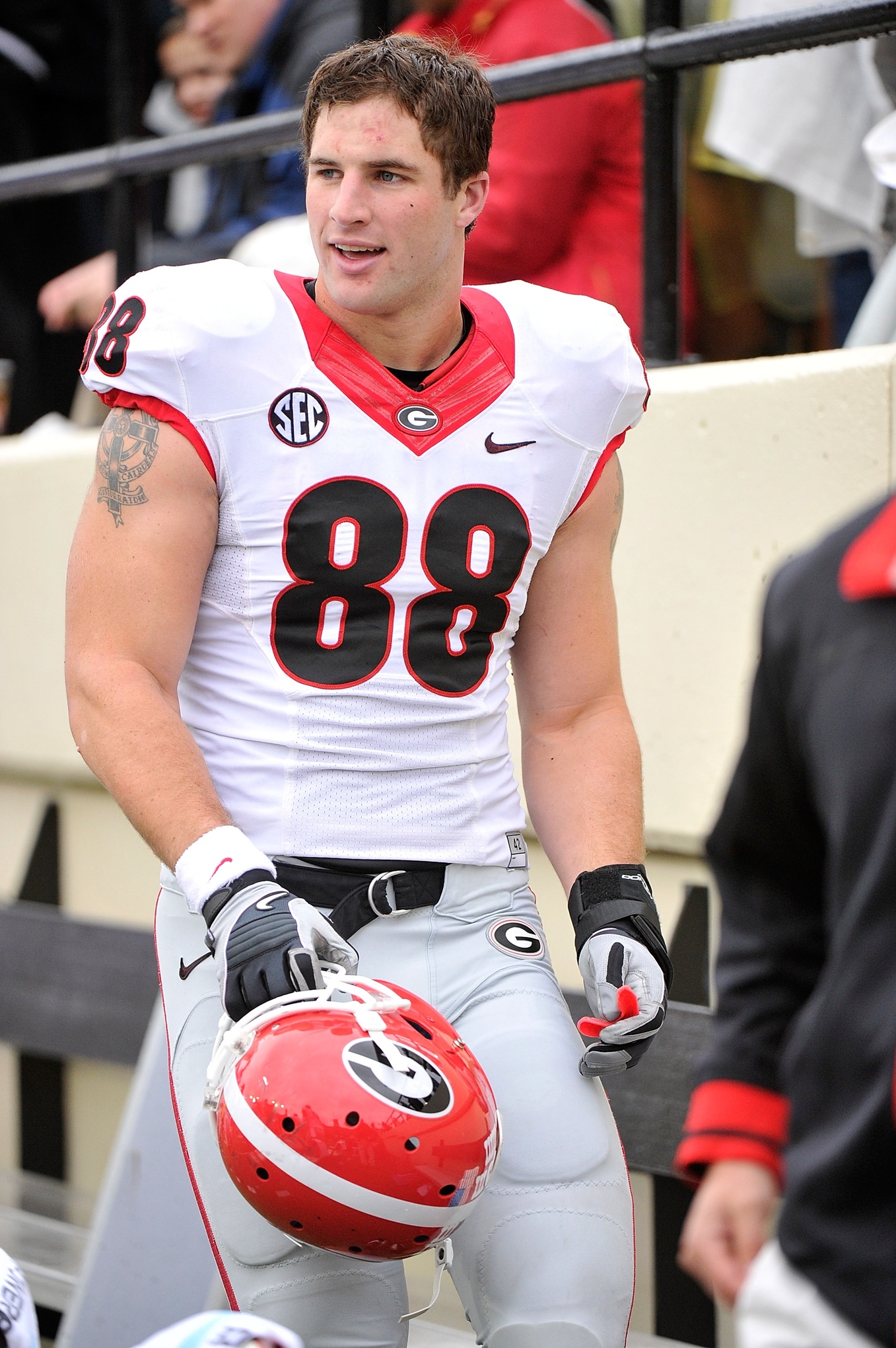 Tight end Arthur Lynch #88 of the Georgia Bulldogs watches from the sideline during a game against the Vanderbilt Commodores at Vanderbilt Stadium on October 19, 2013 in Nashville, Tennessee. 