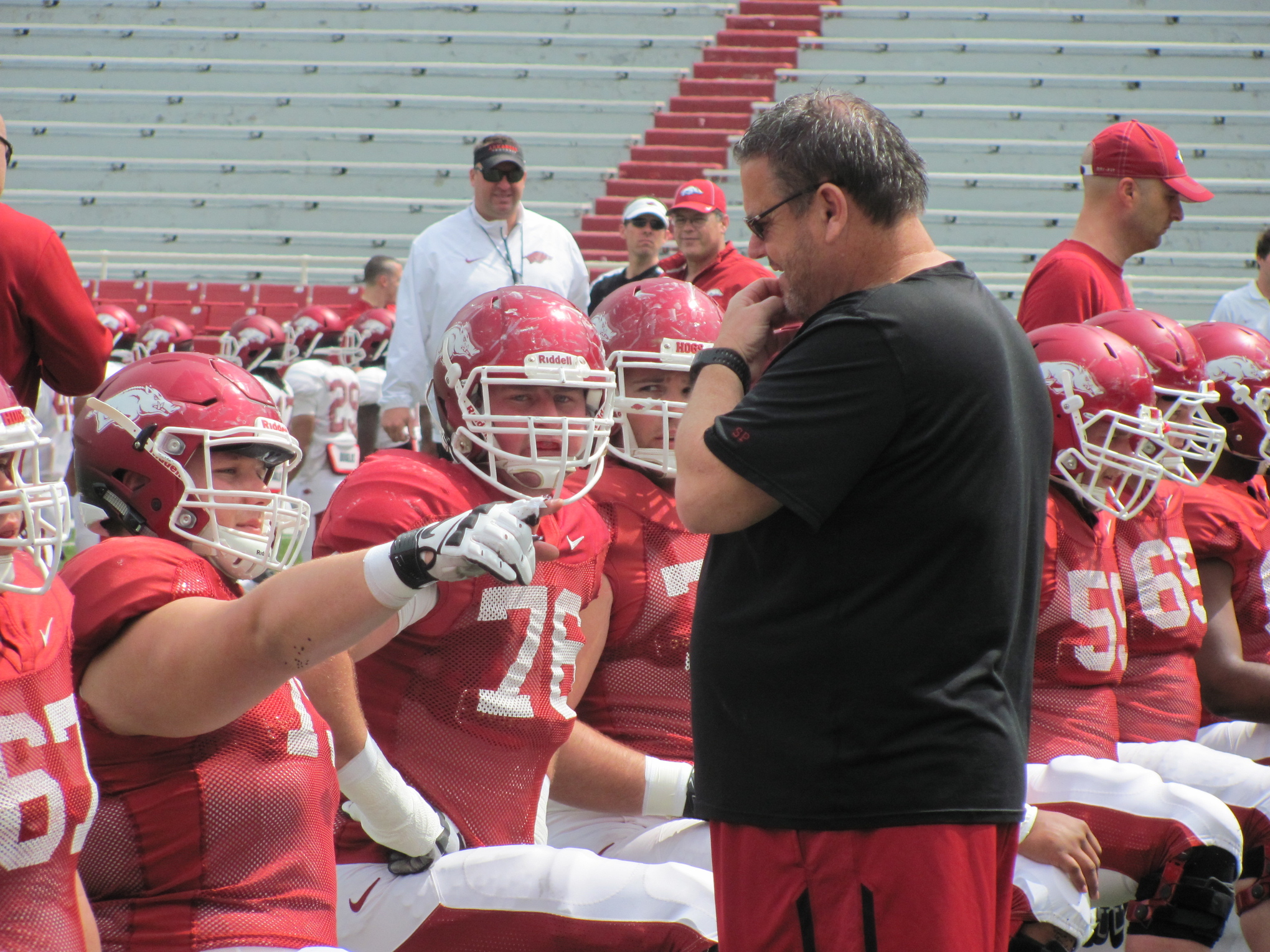 Offensive Line Coach Sam Pittman working with his players during spring practice.