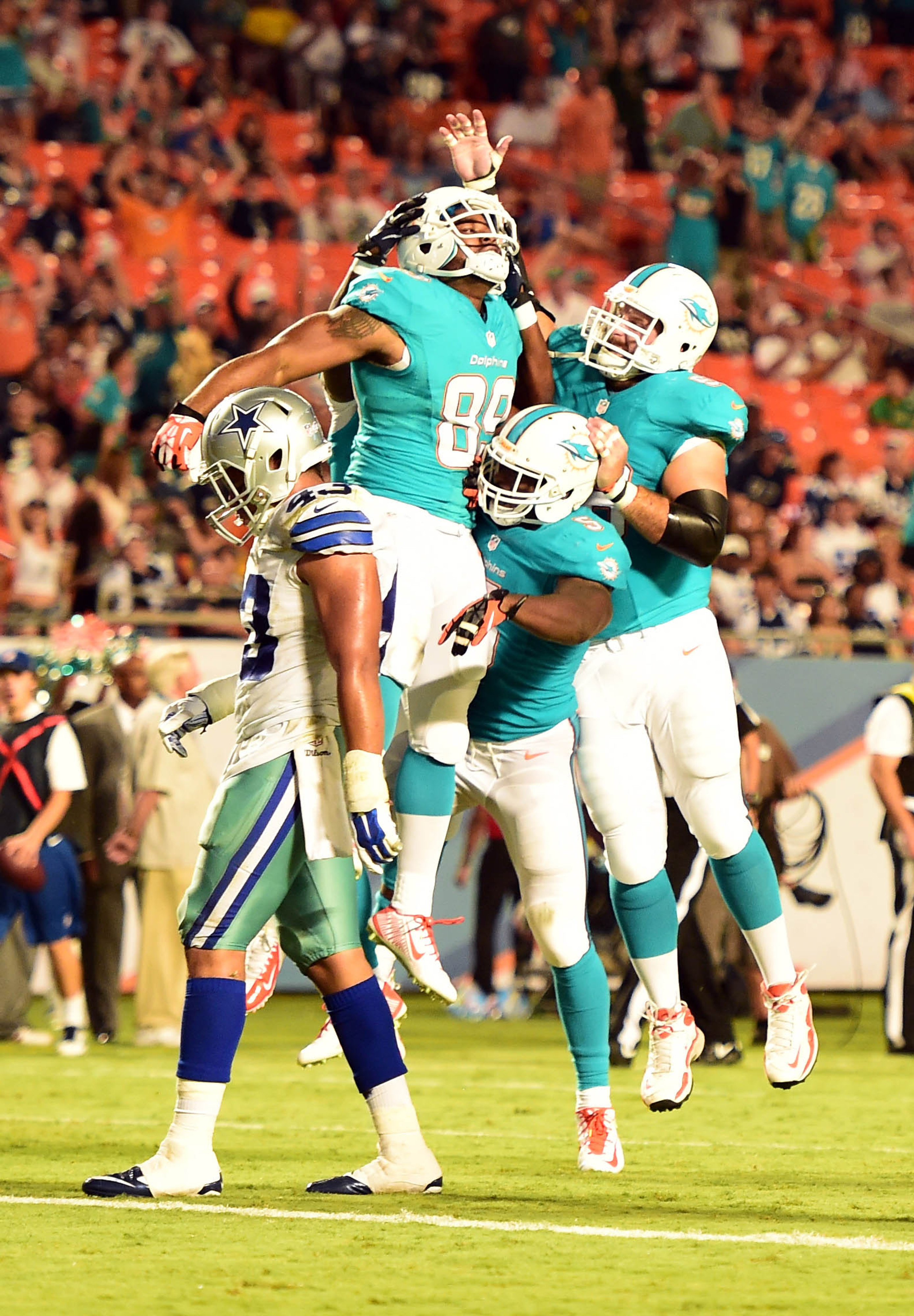 Gator Hoskins celebrating his first NFL reception and touchdown