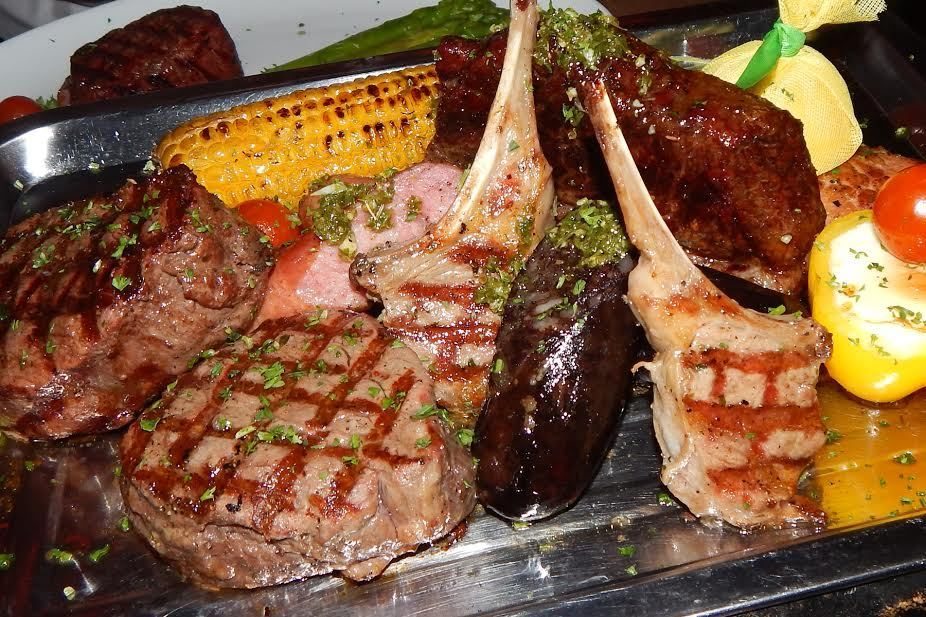 Newly opened CityCentre meat mecca Sal y Pimienta offers a parillada that includes a 40-day dry-aged Niman Ranch  Tomahawk (22- to 26-oz), Picanha (Niman Ranch), short ribs (Hereford Cattle), lamb chop, chicken breast,
Argentinean blood sausage, sw