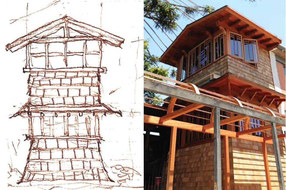 At left, an artist's sketch of the rebuilding plan for Chez Panisse; at right, the finished project. 