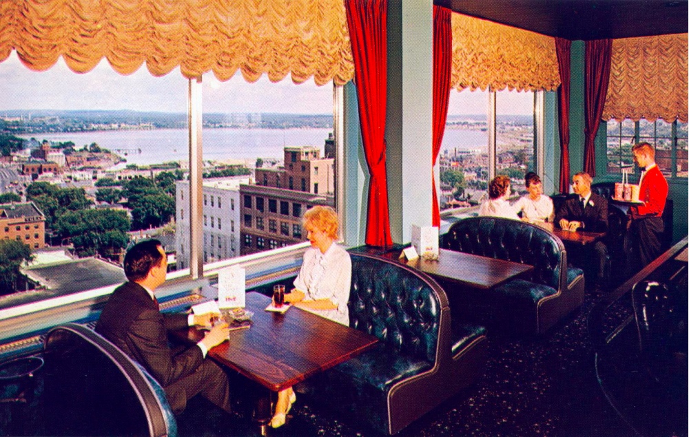 A vintage postcard of the Top of the East Lounge at the Eastland Park Hotel, which is being retained, but completely remodeled as part of the hotel's transformation to the Westin Portland Harborview. 