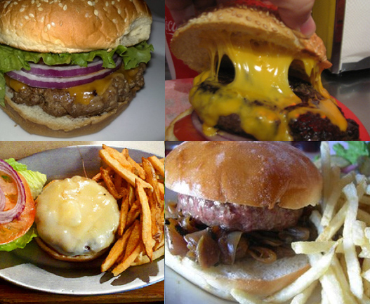 Clockwise from top left: Burgers from Joe's Cable Car (<a href="http://www.dishola.com/dishes/index/Mountain%20View,%20CA%2094043/tag:burger">photo credit</a>), Pearl's Deluxe Burger (<a href="http://www.burgertyme.com/pearls-deluxe-burger">photo cr