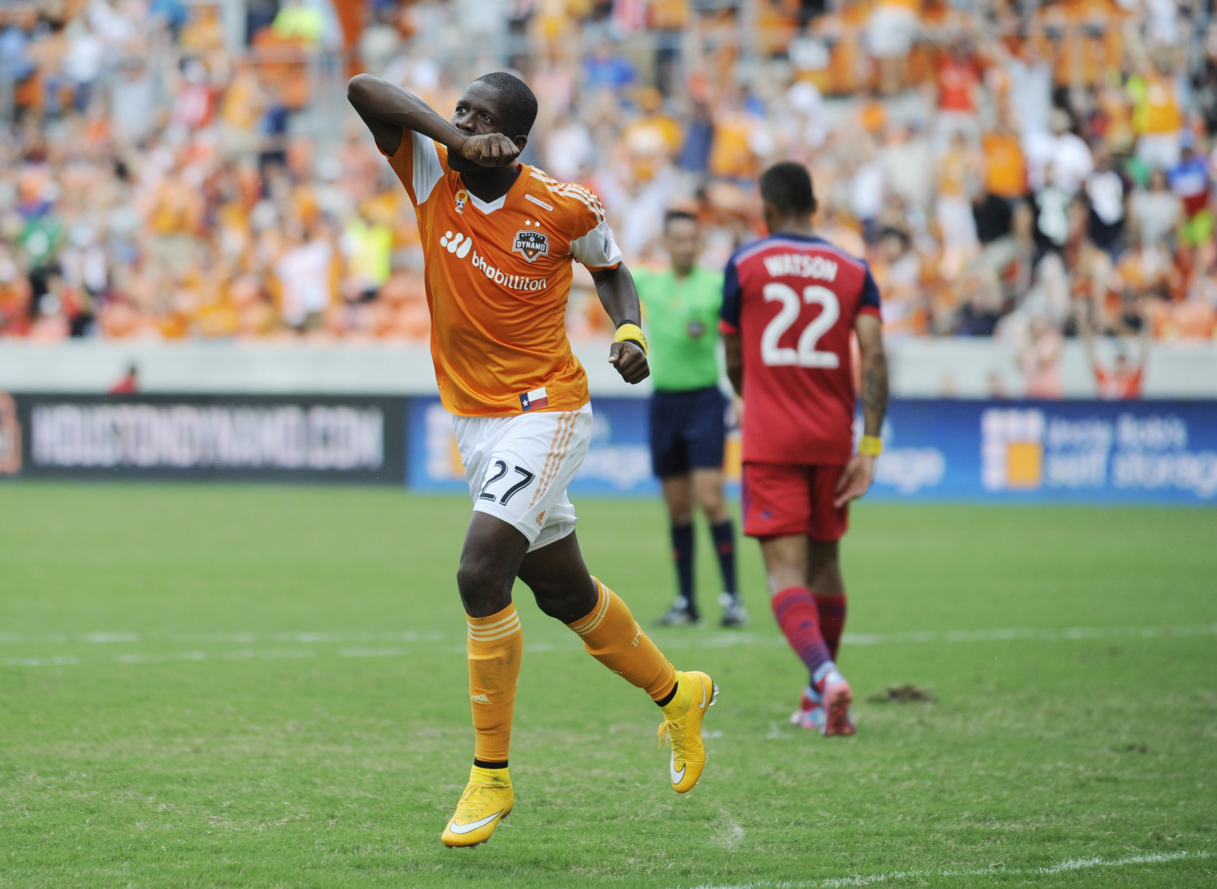 Boniek Garcia pulls away in celebration after volleying home the Dynamo's second goal in Saturday's 2-0 win over the Chicago Fire.