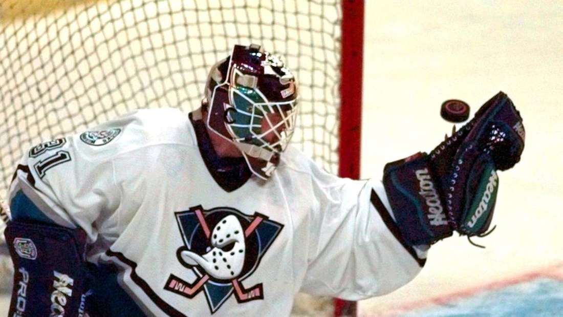 Guy Hebert makes a save for the Mighty Ducks.