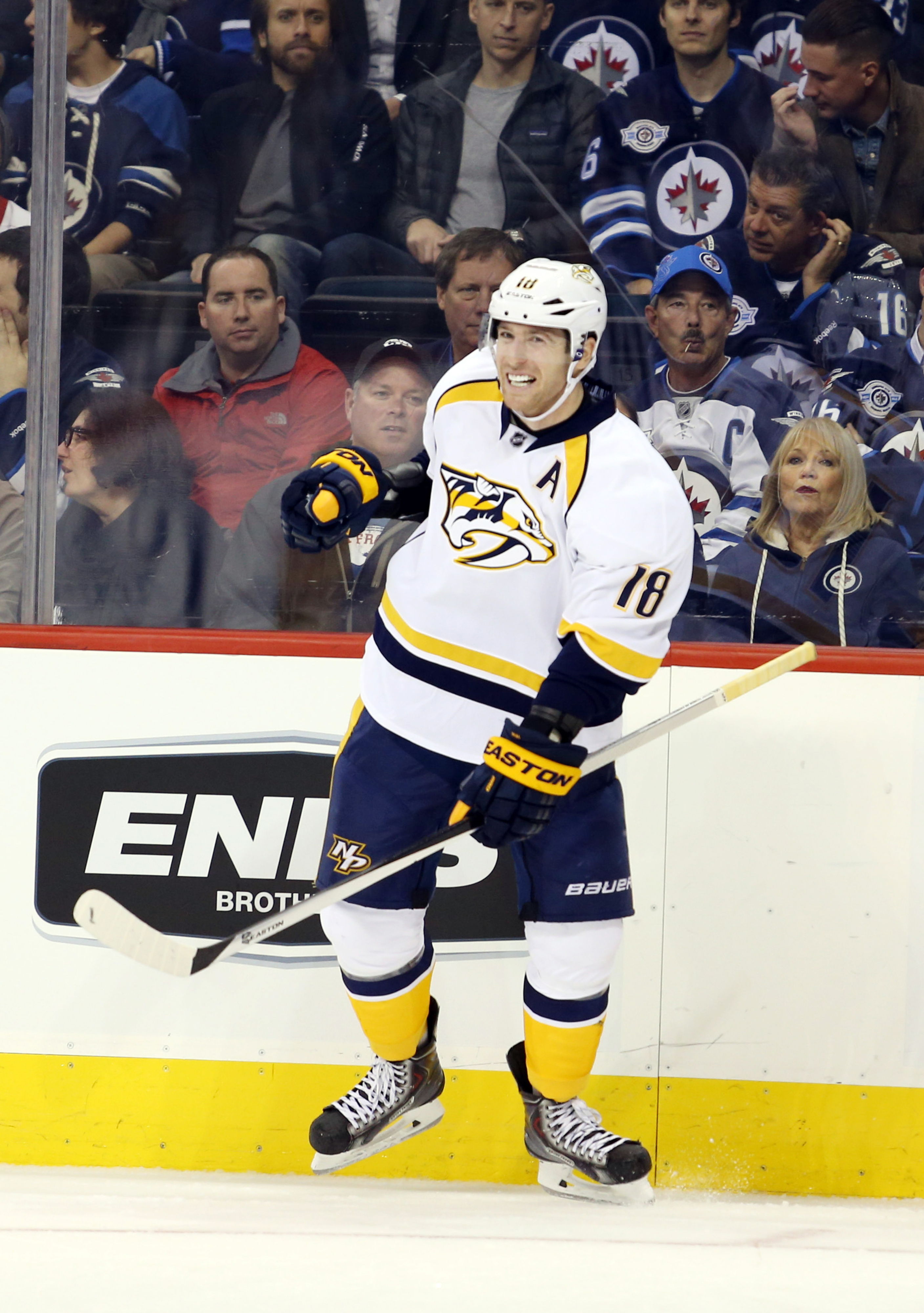 Winnipeg, Manitoba, CAN--Nashville Predators forward James Neal celebrates his goal during the third period against Winnipeg Jets at the MTS Centre on October 17, 2014. Nashville wins 2-0. Mandatory Credit: Bruce Fedyck-USA TODAY Sports