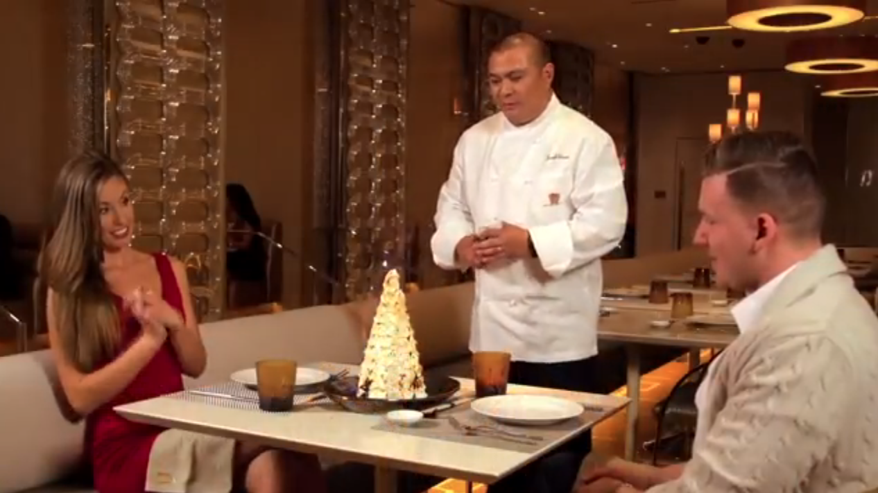 Andrea' executive chef Joseph Elevado lights up the Mt. Fuji dessert. 