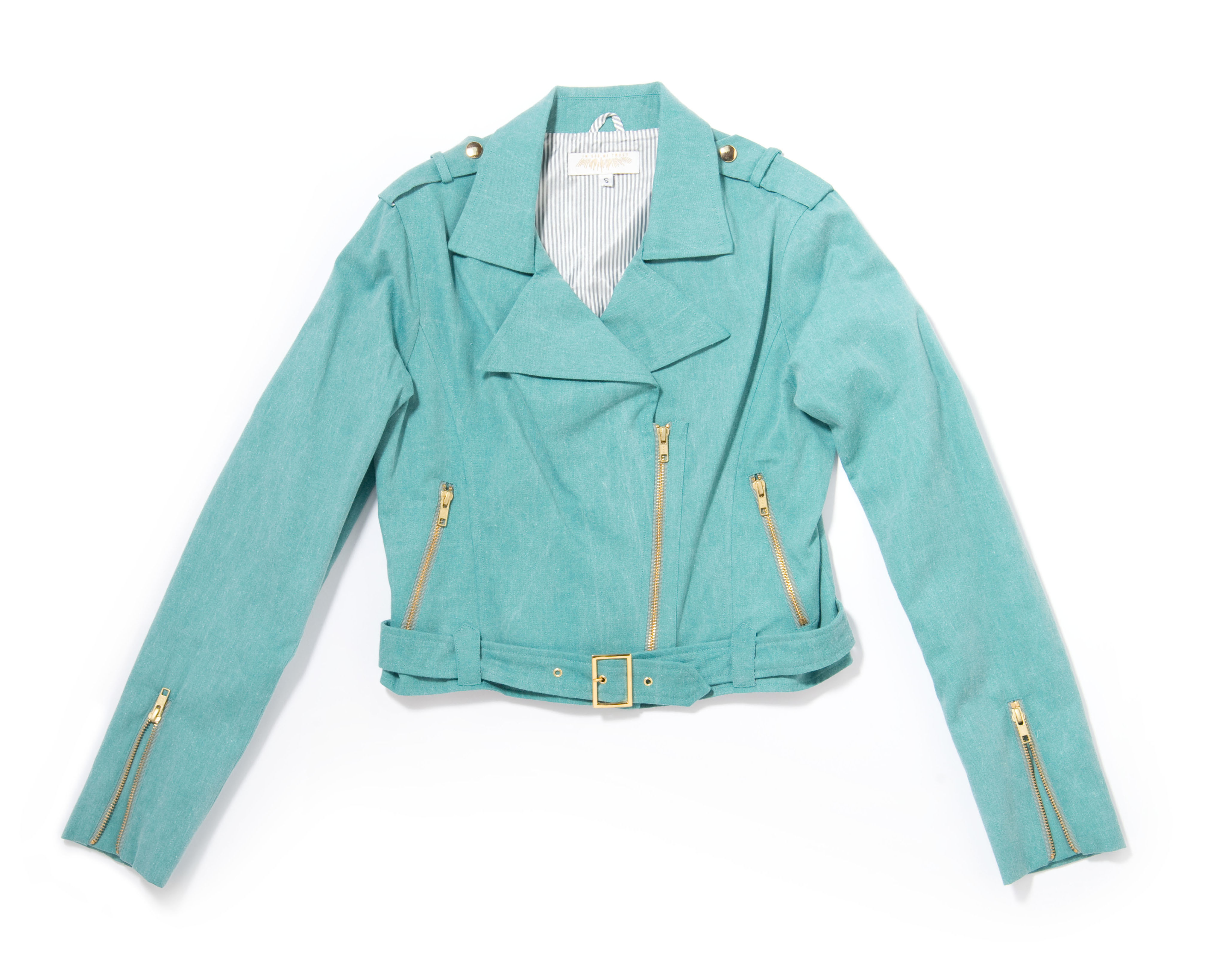 <br><a href="http://ingodwetrustnyc.com/collections/bonanza-sale/products/moto-jacket-teal-cotton-twill">Moto Jacket in Teal Cotton Twill</a>, $40 (was $360). All images via IGWT