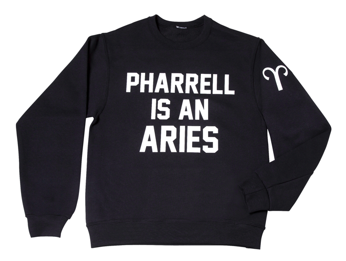 Pharrell is an Aries Crewneck Sweatshirt, <a href="http://private-party.myshopify.com/">Private Party</a>, $79
