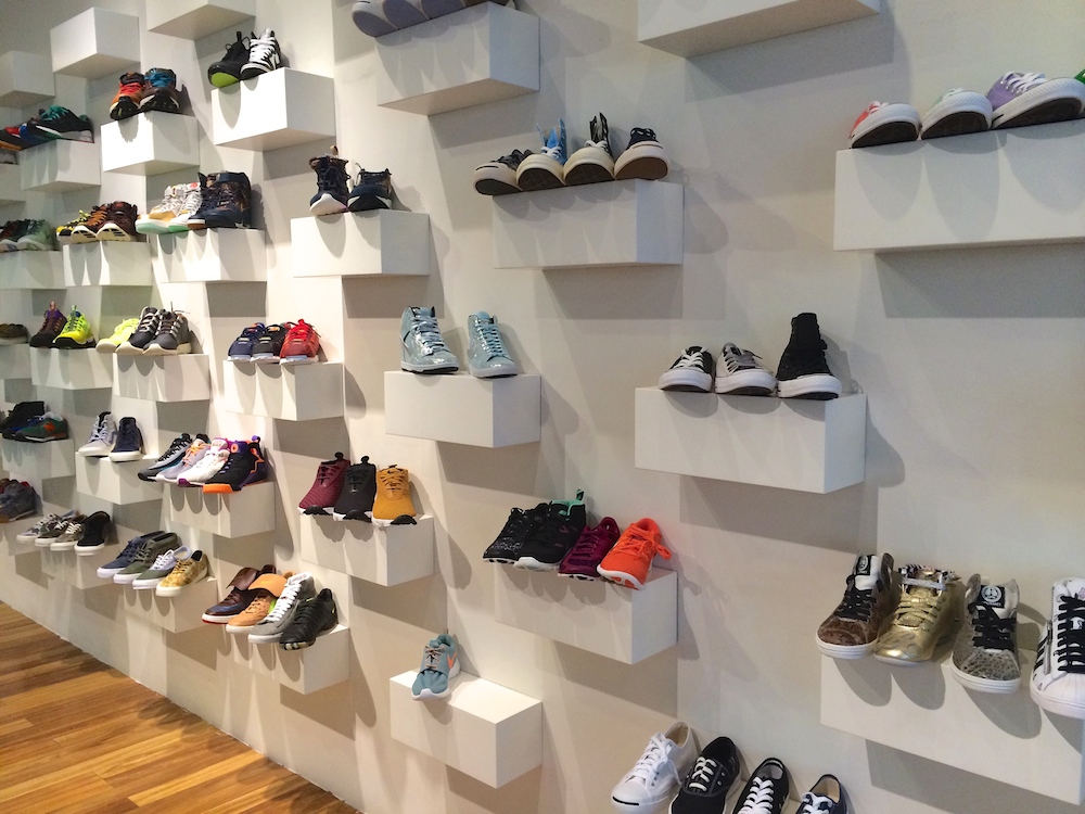 A sneaker wall display at The Tannery