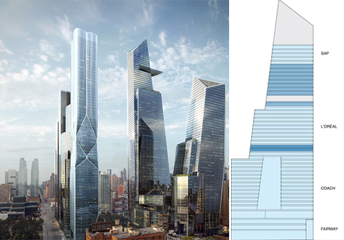 Left, a rending of the completed <a href="http://www.hudsonyardsnewyork.com/">Hudson Yards</a> project. Right, the current status of South Tower occupants.