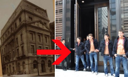 Shirtless Abercrombie staffers now live at one of the former Vanderbilt Mansions, images via <a href="http://www.luckymag.com/shopping/2011/08/fifth-avenue--then---now#slide=9">Lucky Magazine</a> and <a href="http://www.businessoffashion.com/tag/abe