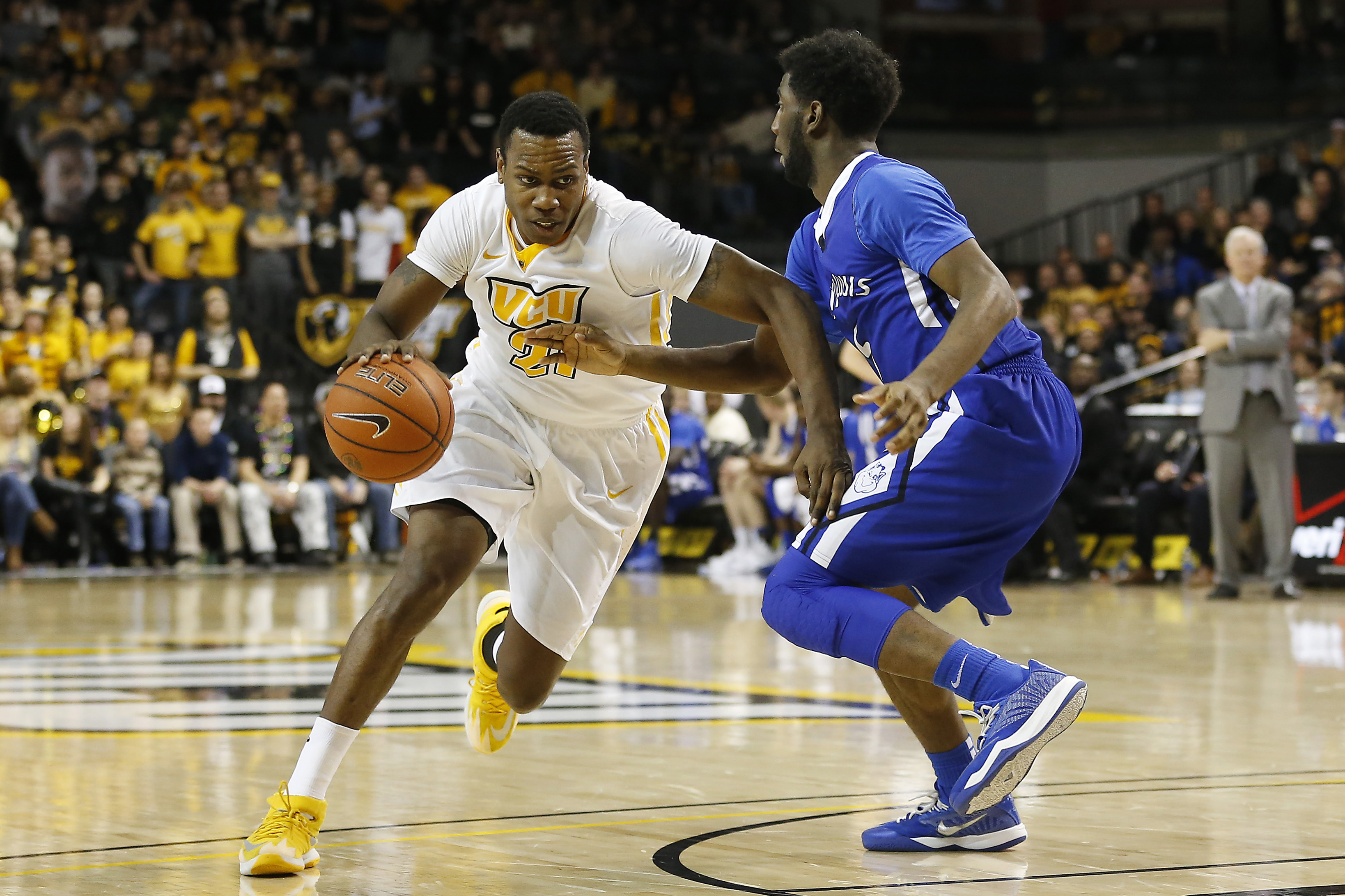 VCU Guard Treveon Graham (#21) scored 16 points in the 74-54 victory against the Saint Louis Billikens on Tuesday, Feb. 17th, 2015