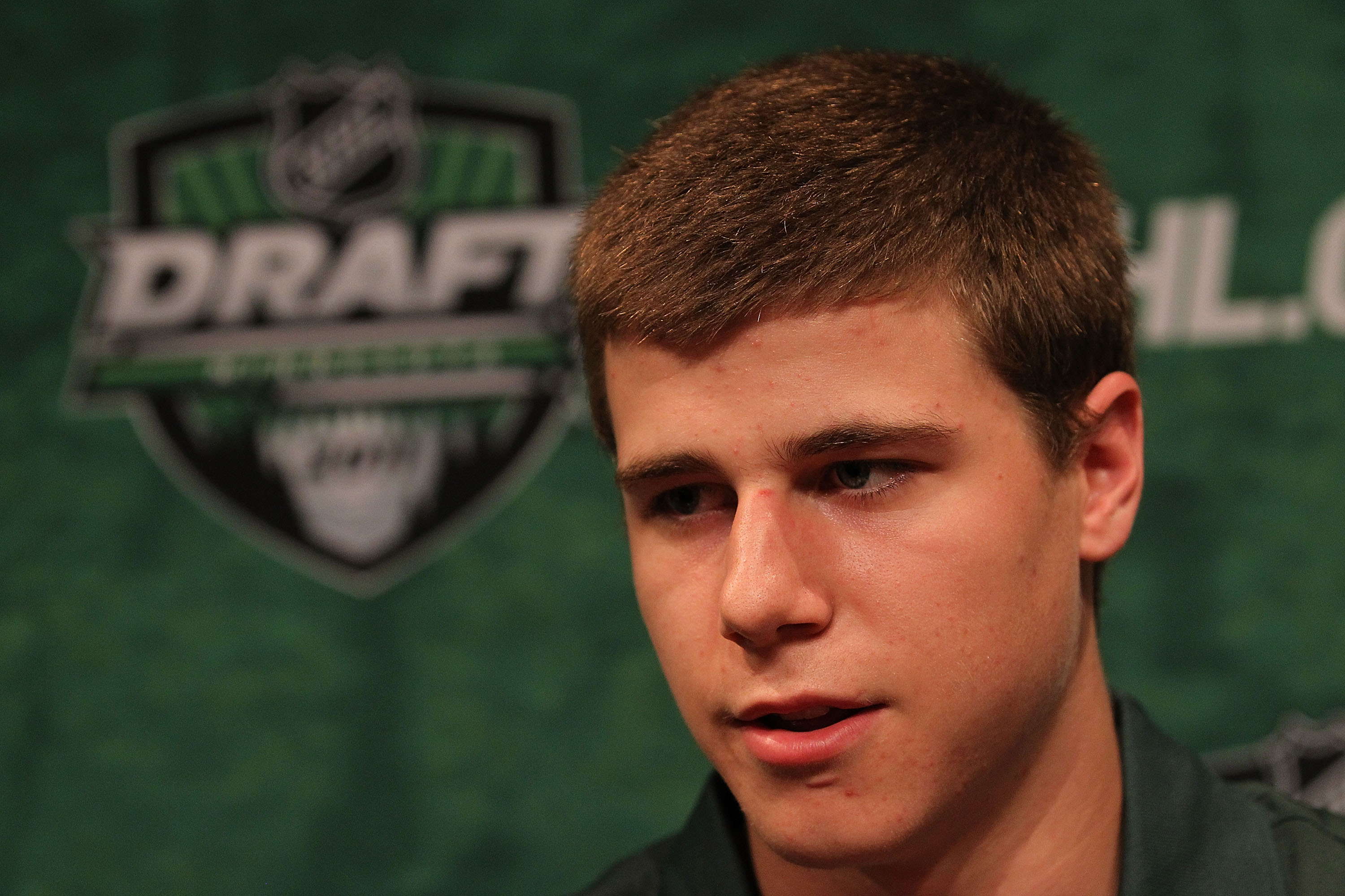 Nathan Beaulieu talks to members of the media during the Top Prospects Media Availability as part of the 2011 NHL Entry Draft at Walker Arts Center on June 23, 2011 in Minneapolis, Minnesota.