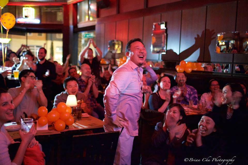 Taichi Kitamura celebrates at a viewing party for his episode of "Beat Bobby Flay."