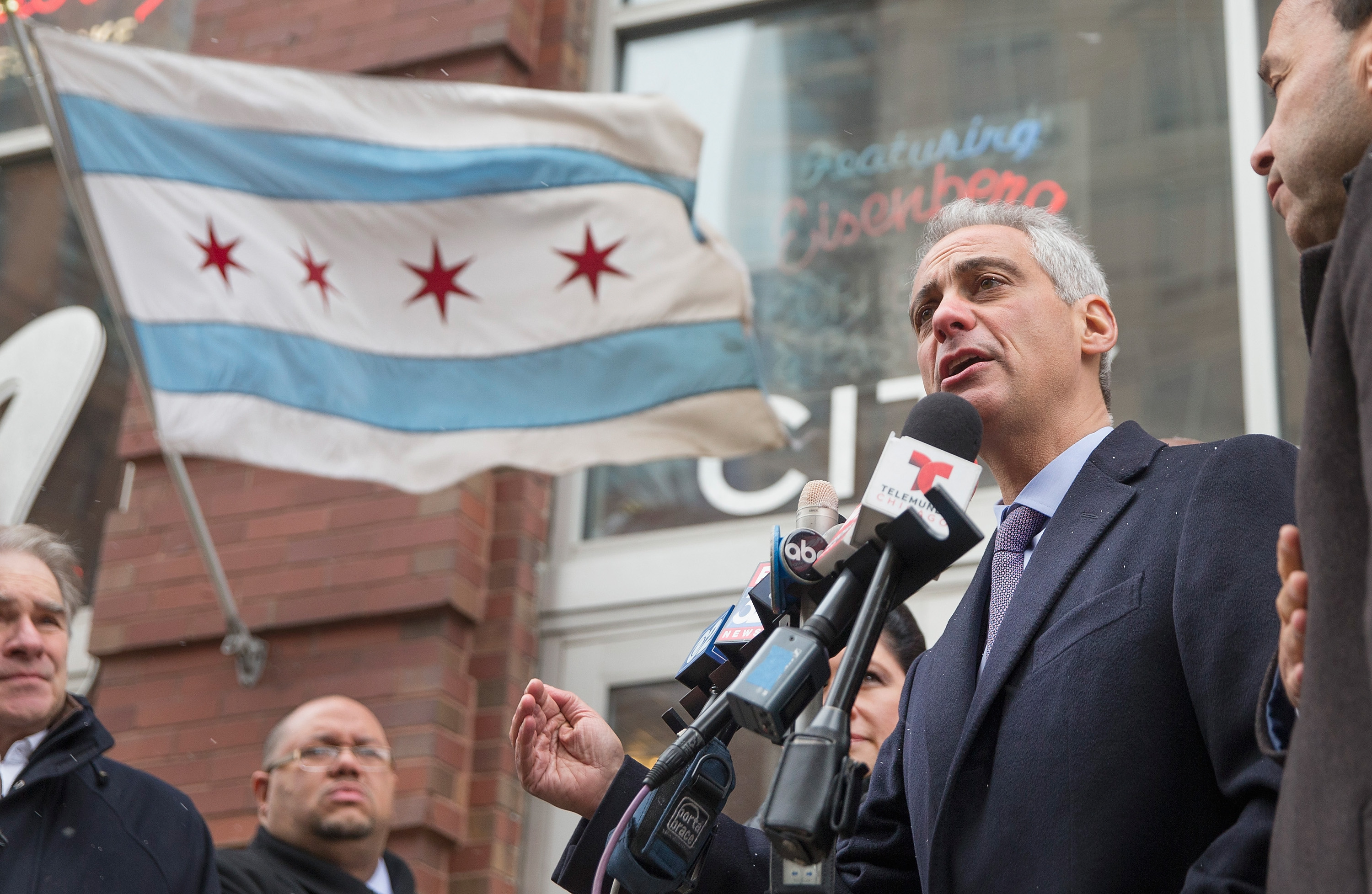 Rahm Emanuel speaks to a crowd in February. 