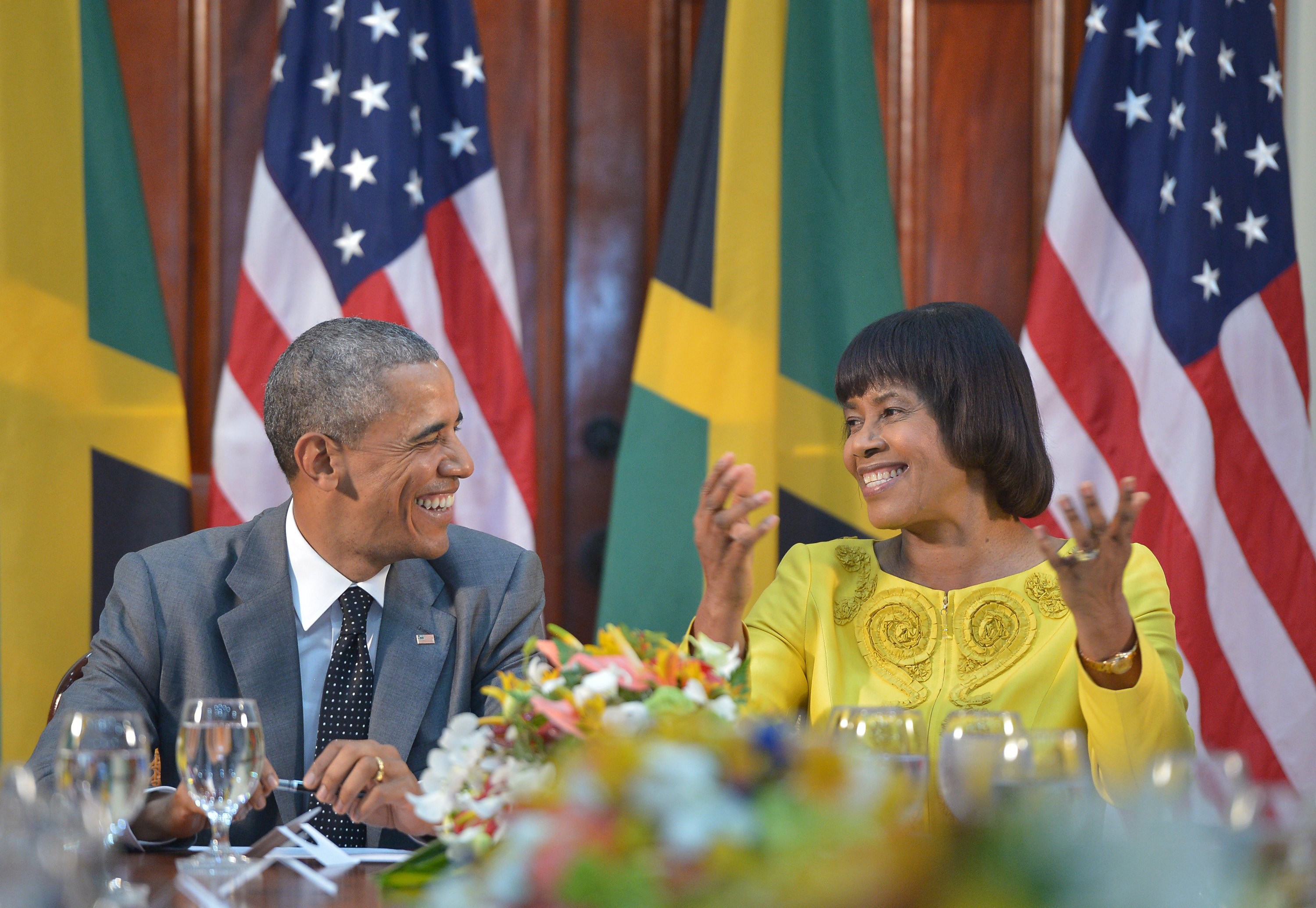 President Obama with Jamaican Prime Minister Portia Simpson Miller on April 9, 2015 in Kingston