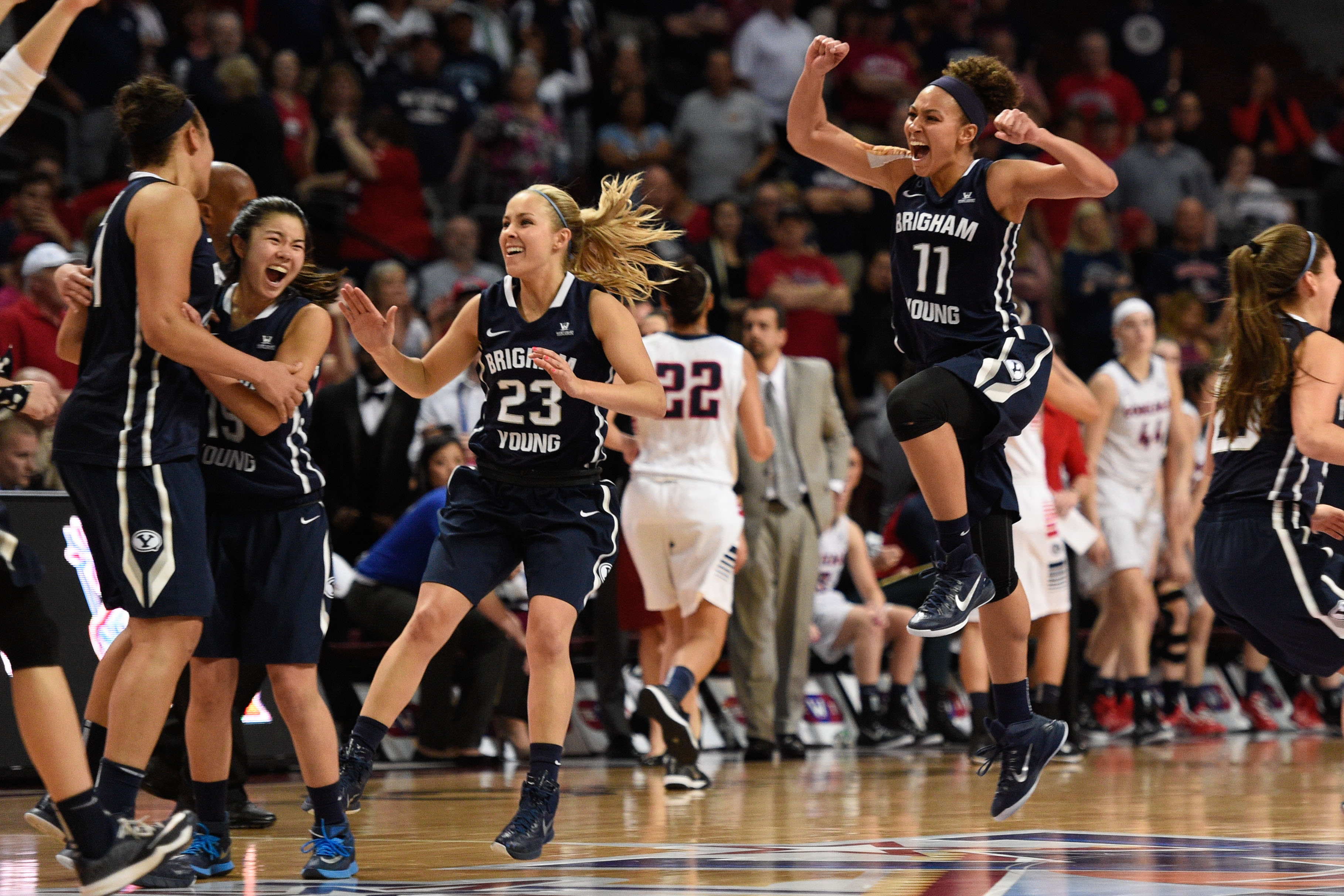 The women's basketball team celebrates BYU's additional cost of attendance stipend. Possibly.