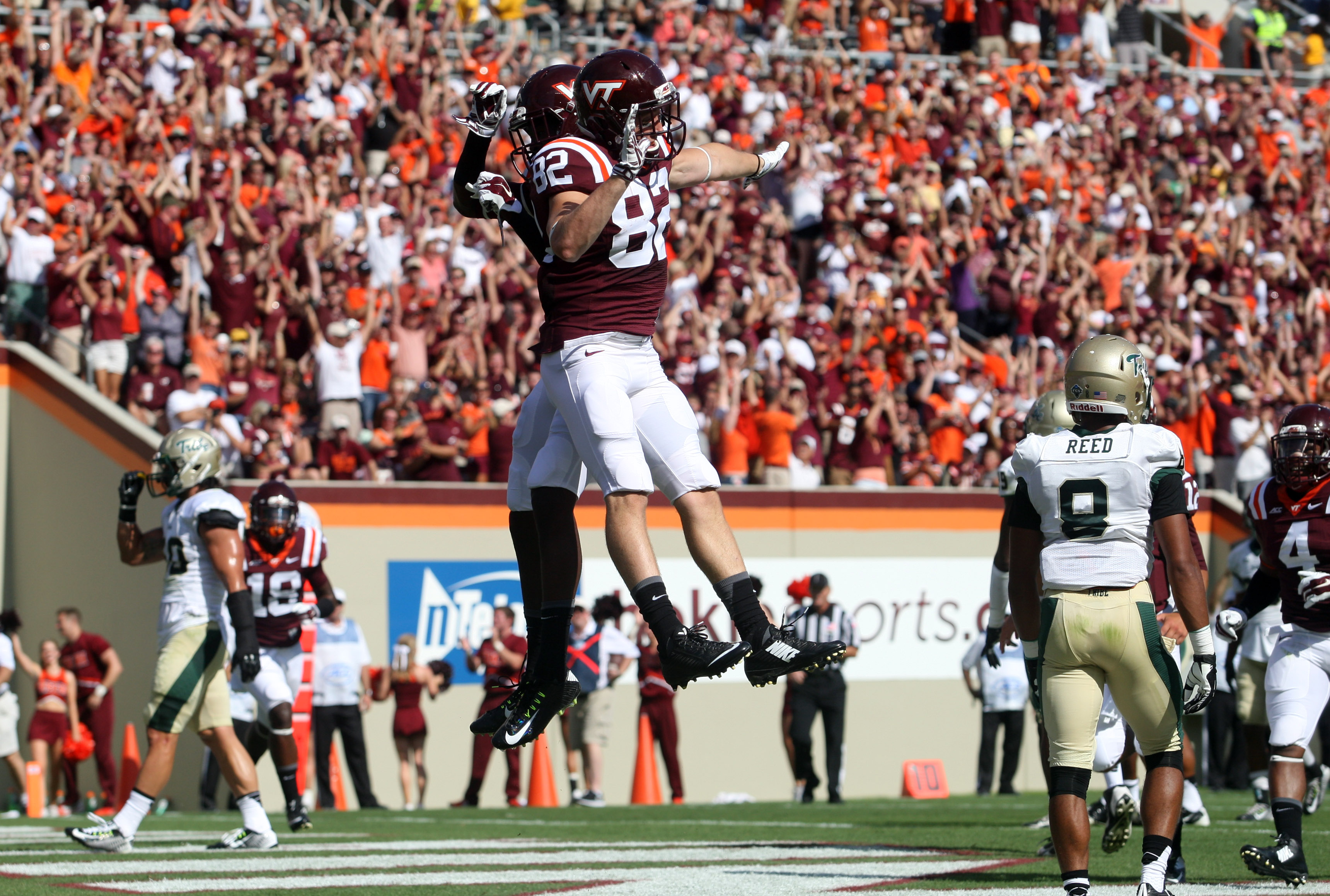 Hokie Receivers Isaiah Ford and Willie Byrn celebrating a rare touchdown