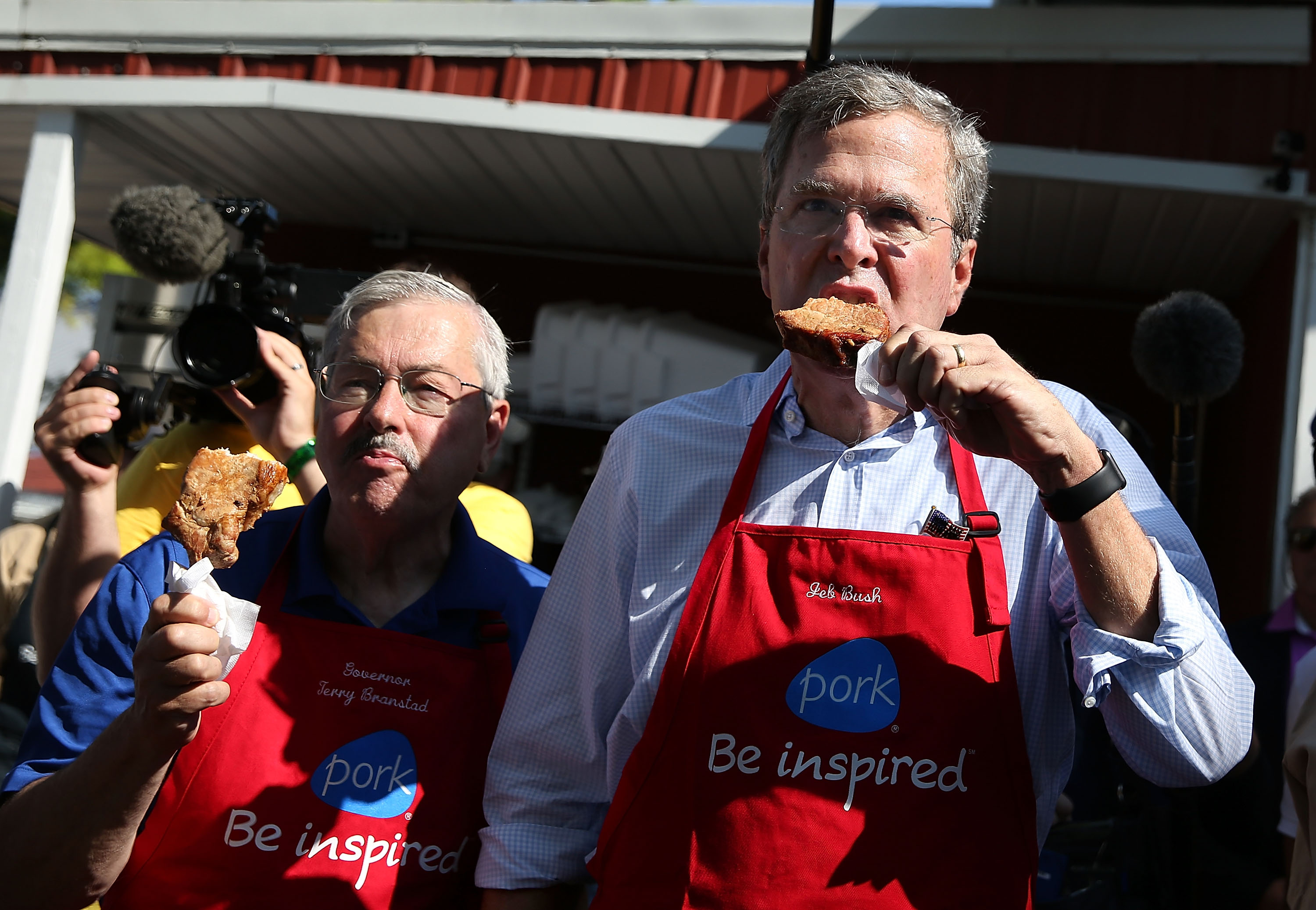 Republican presidential hopeful and Paleo acolyte Jeb Bush eating a pork chop.