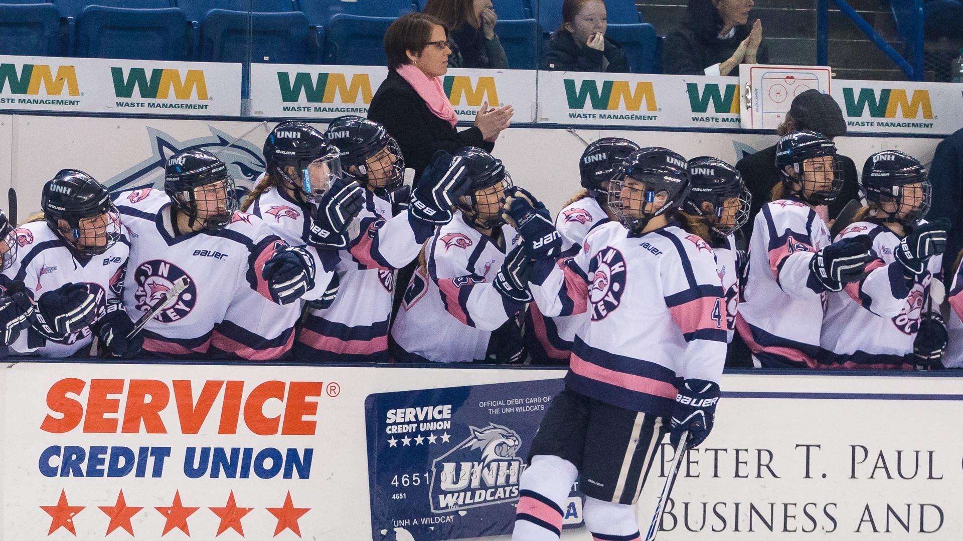 The UNH Wildcats women's hockey team during the 2014-15 season.  College sports have many legal obligations to protect their student athletes, thus allowing more oversight of their programs than you might find at the pro level.