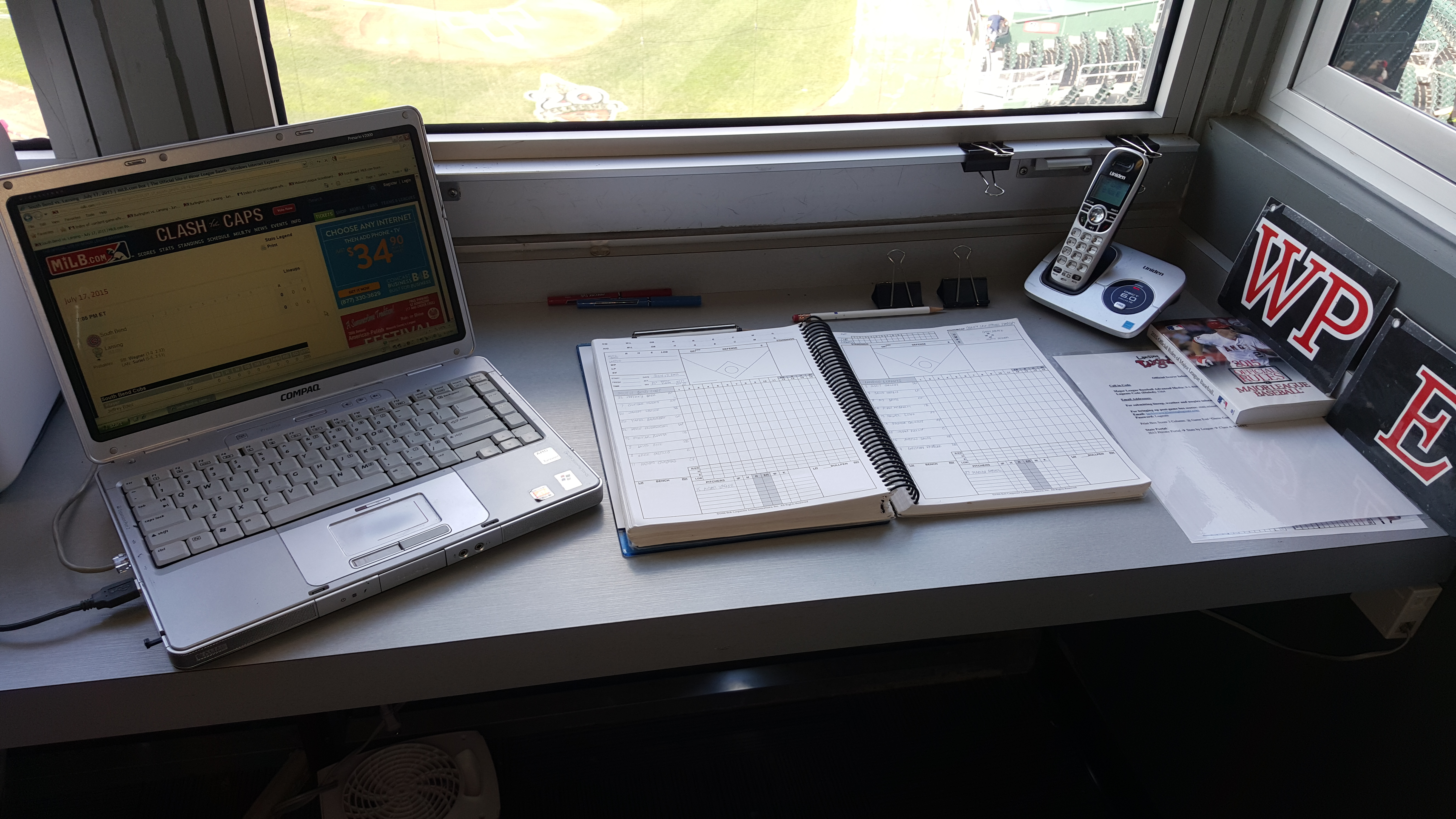 The official scorer's station at Cooley Law School Stadium in Lansing, Michigan