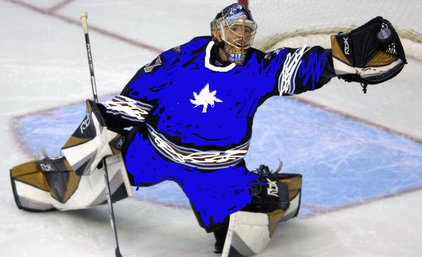 Olaf Kolzig in net for the Toronto Maple Leafs (artist's rendition)