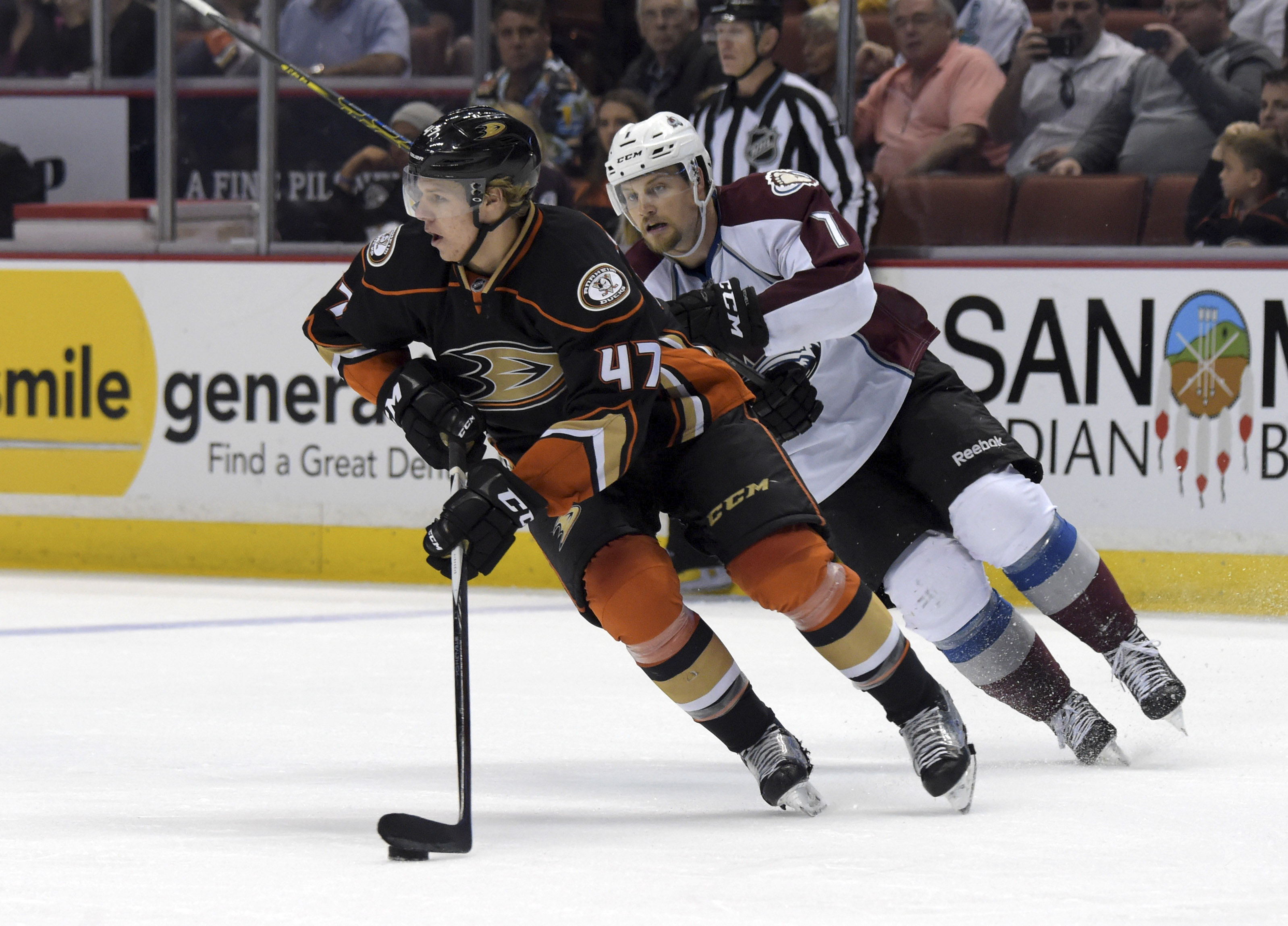 Hampus Lindholm, who had a pair of assists tonight, skates against the Avalanche last season.