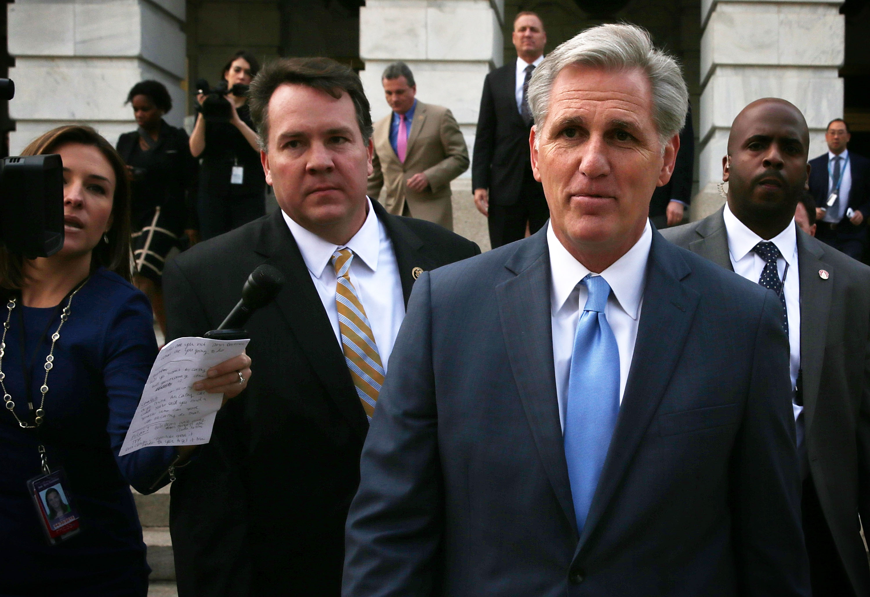 US House Majority Leader Rep. Kevin McCarthy (R-CA) (3rd R) leaves after a closed House Republican election meeting to pick the next GOP House Speaker nominee October 8, 2015, on Capitol Hill in Washington, DC. 