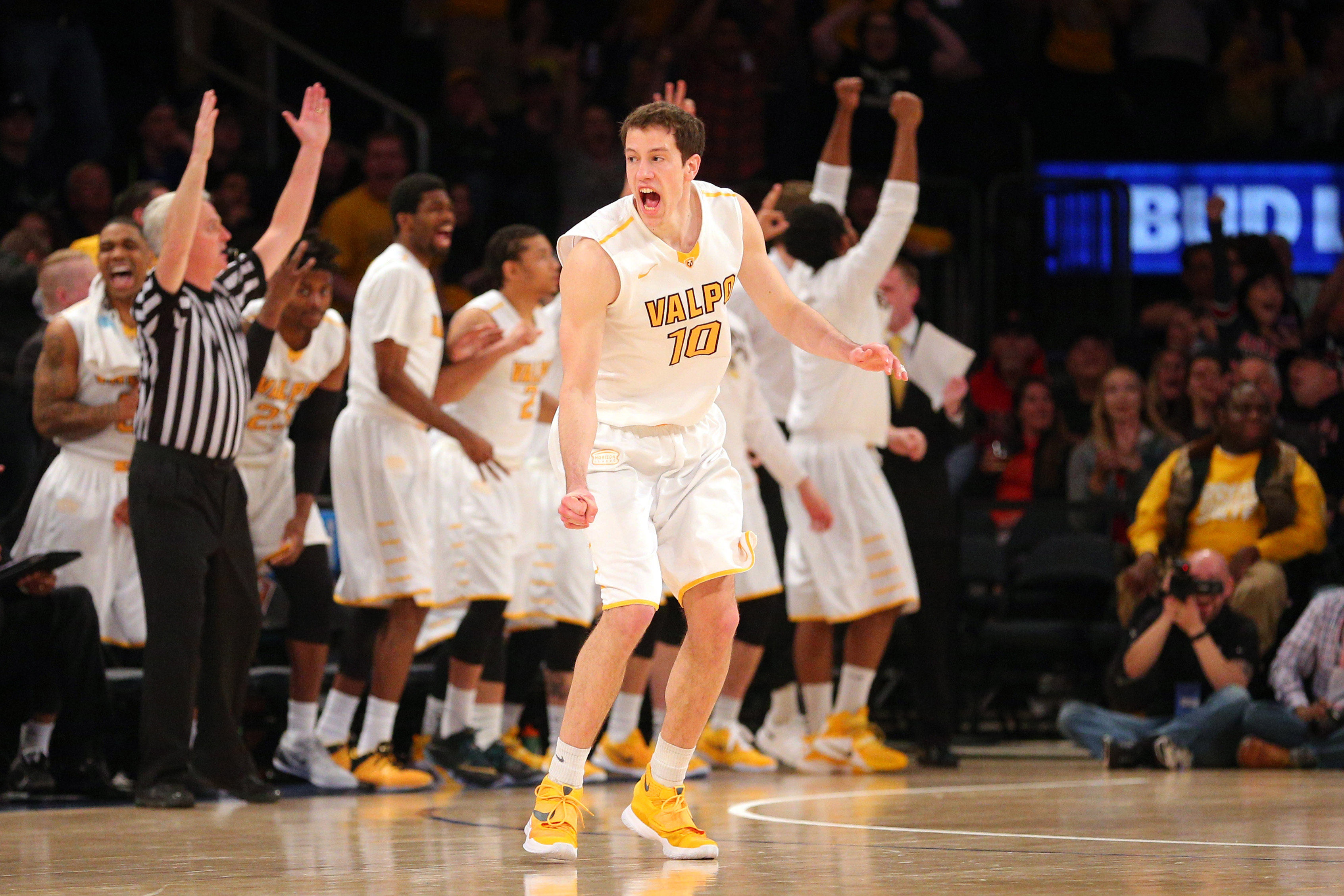 David Skara reacts after knocking down what would be the game winning three pointer.