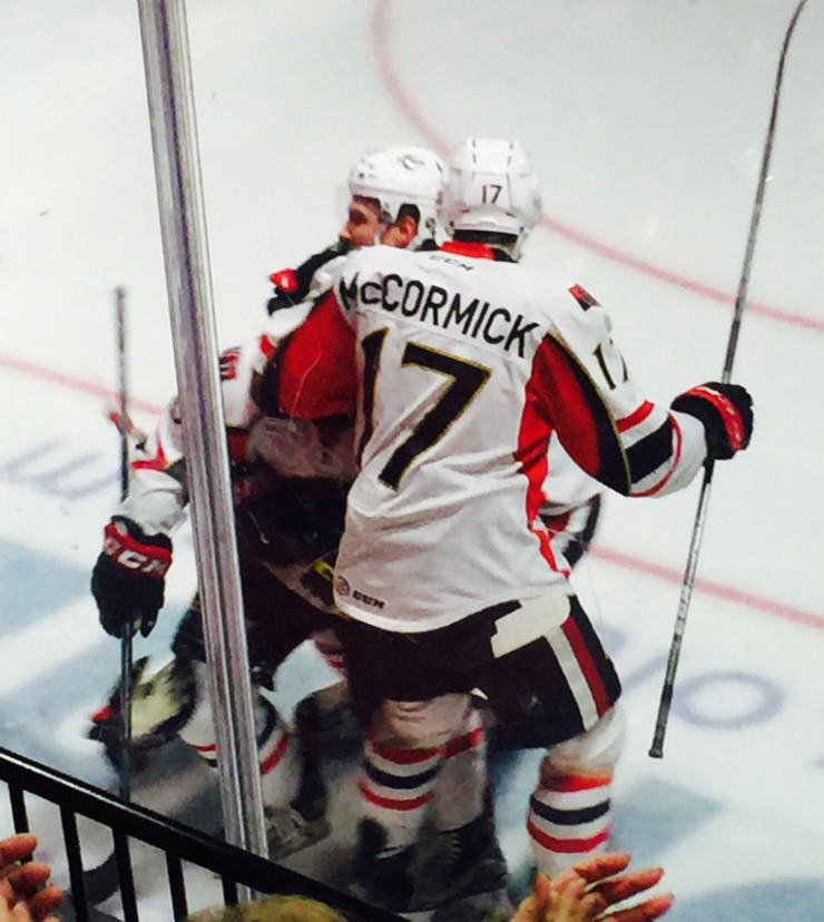 Max McCormick celebrates with Ryan Rupert on a BSens goal.